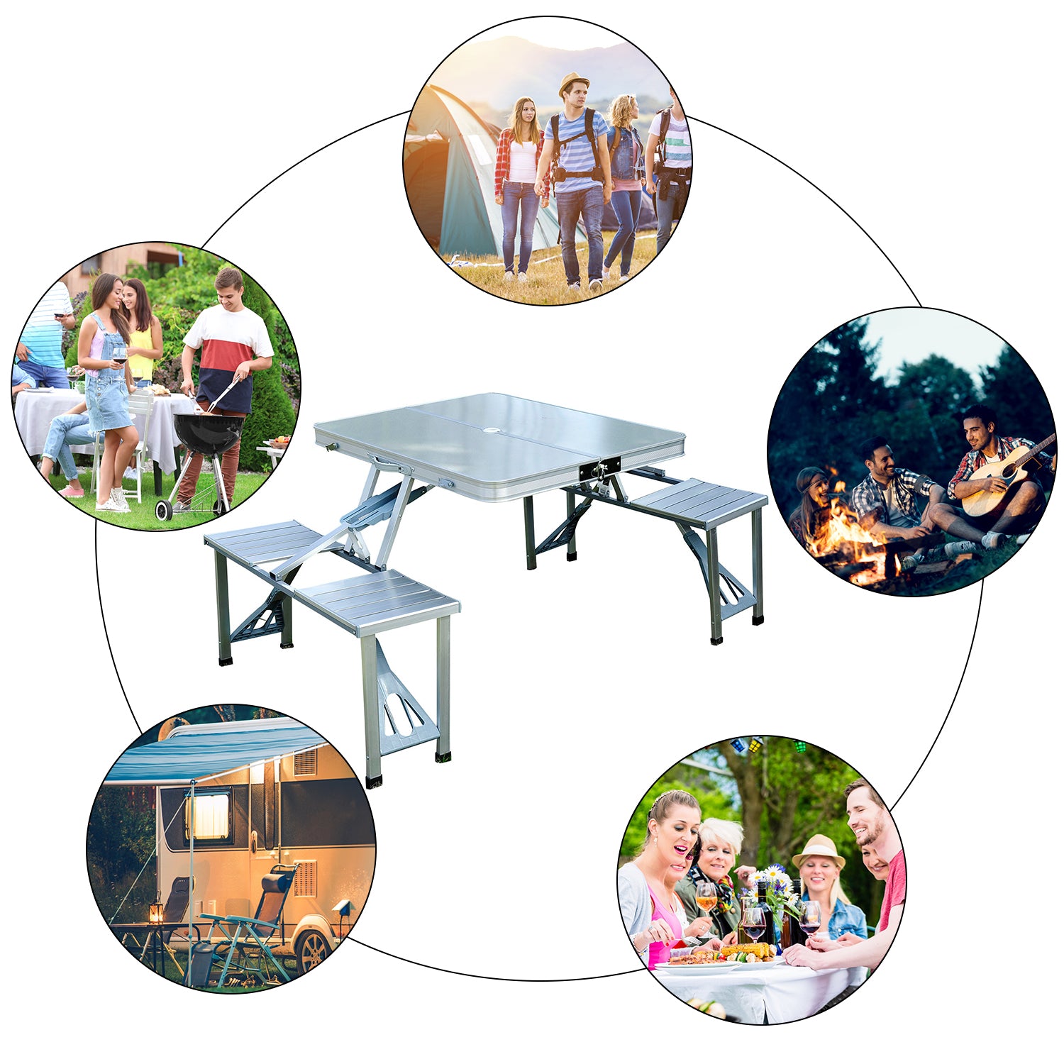 Outsunny 4 Person Aluminum Portable Compact Folding Suitcase Picnic Table Set with Umbrella Hole - Silver