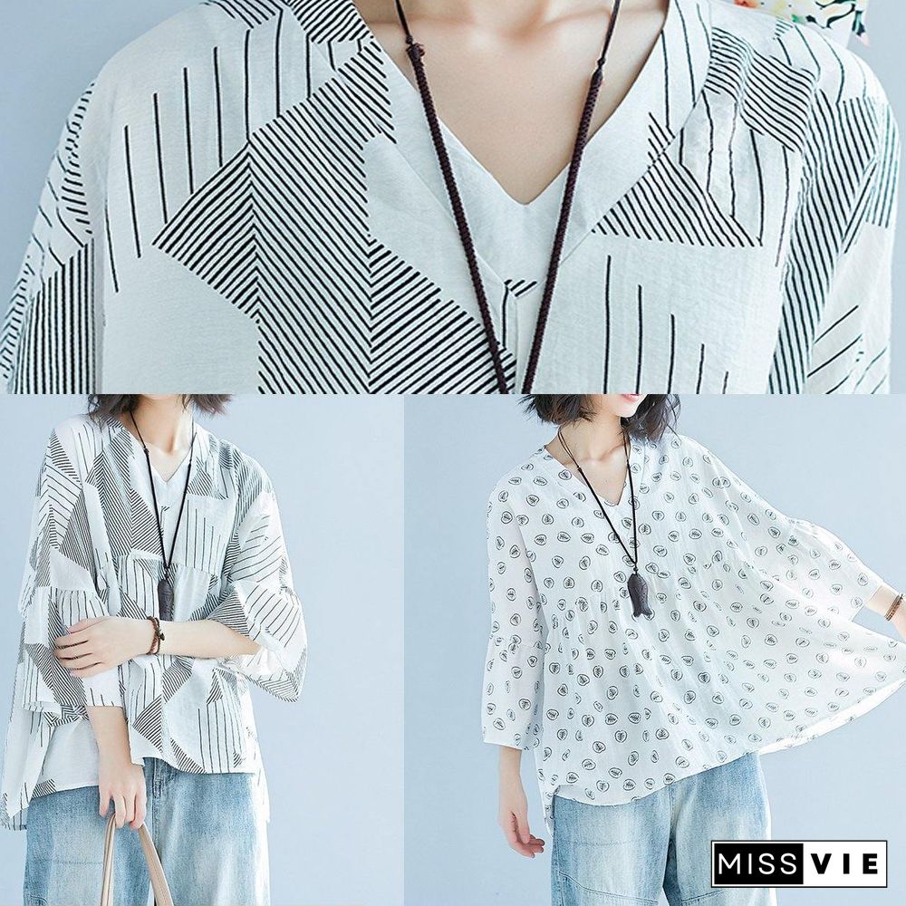 DIY White Print Chiffon Blouse Korea Batwing Sleeve V Neck Tunic Summer Shirt﻿