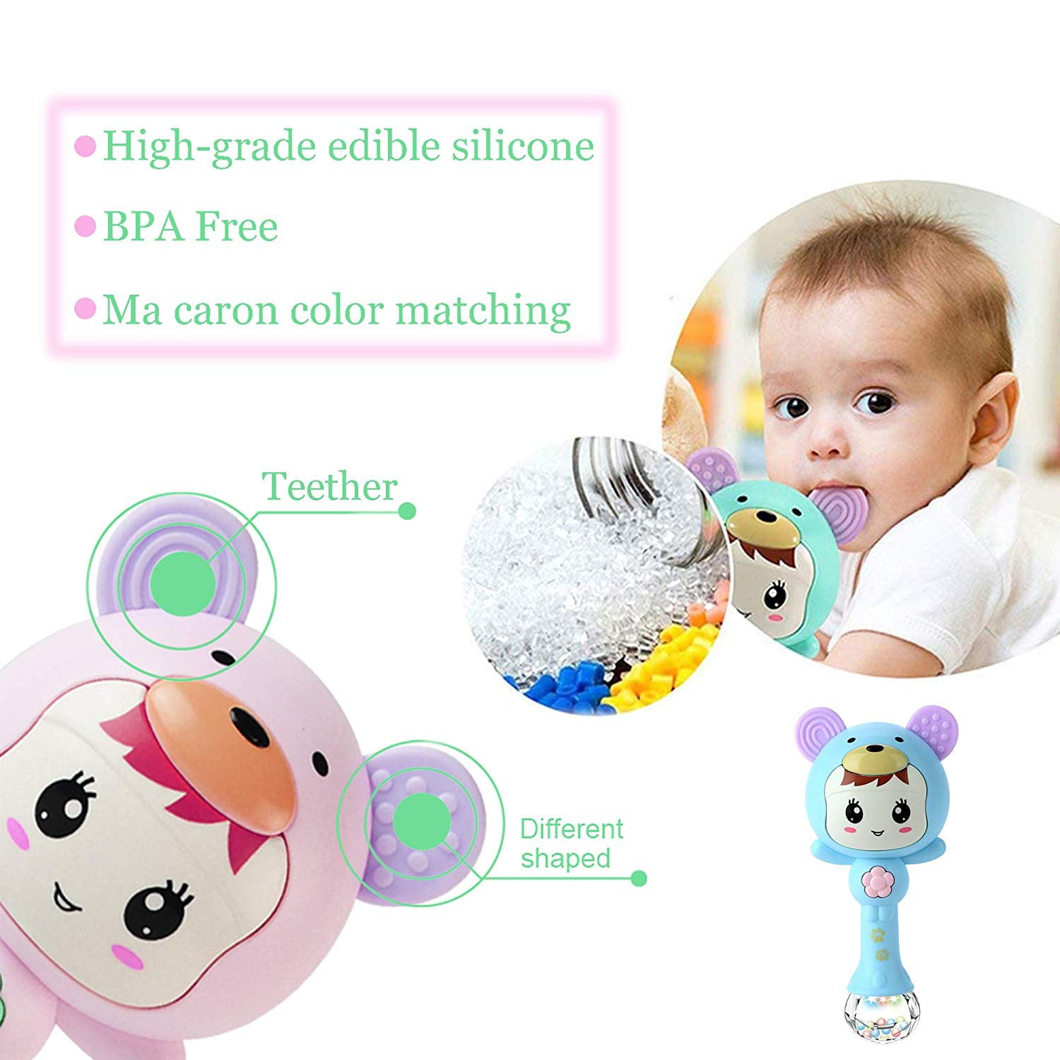 Auchen Teething Musical Toys， Teether for Babies BPA Free， Baby Toys for 3-9 Months Old Molar Teether Rattle Toy for 6-12 Months Old Baby， Newborn Gift!