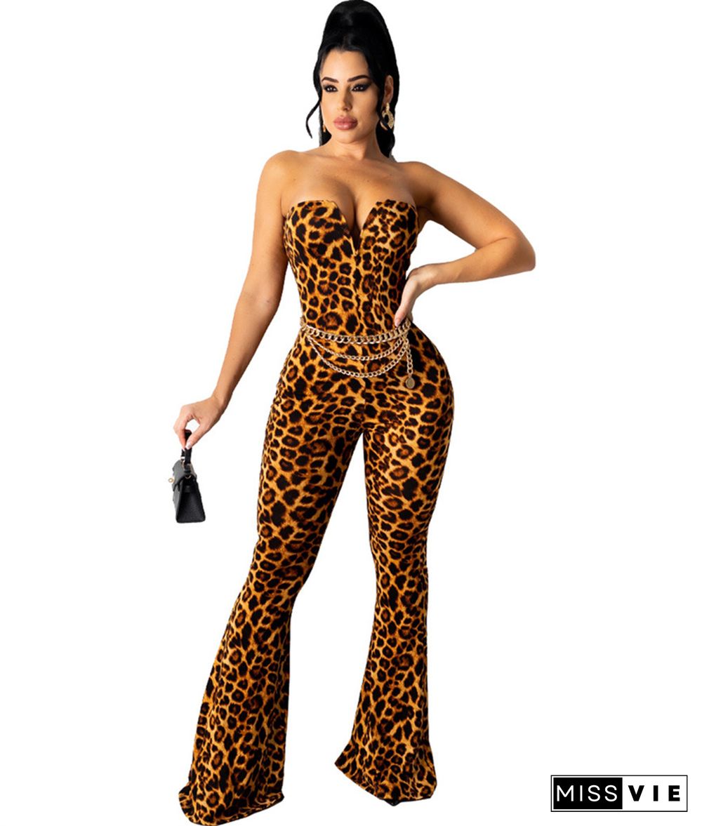 Fashion Leopard Strapless Wide-leg Jumpsuits