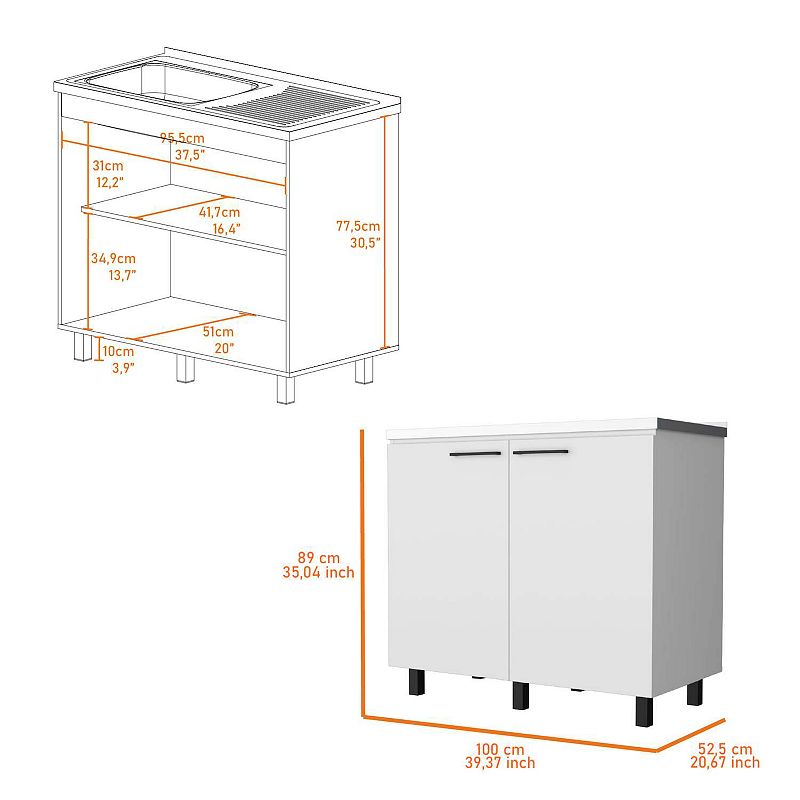 Oklahoma 2 Utility Sink and Cabinet， Interior Shelf， Stainless Steel Countertop