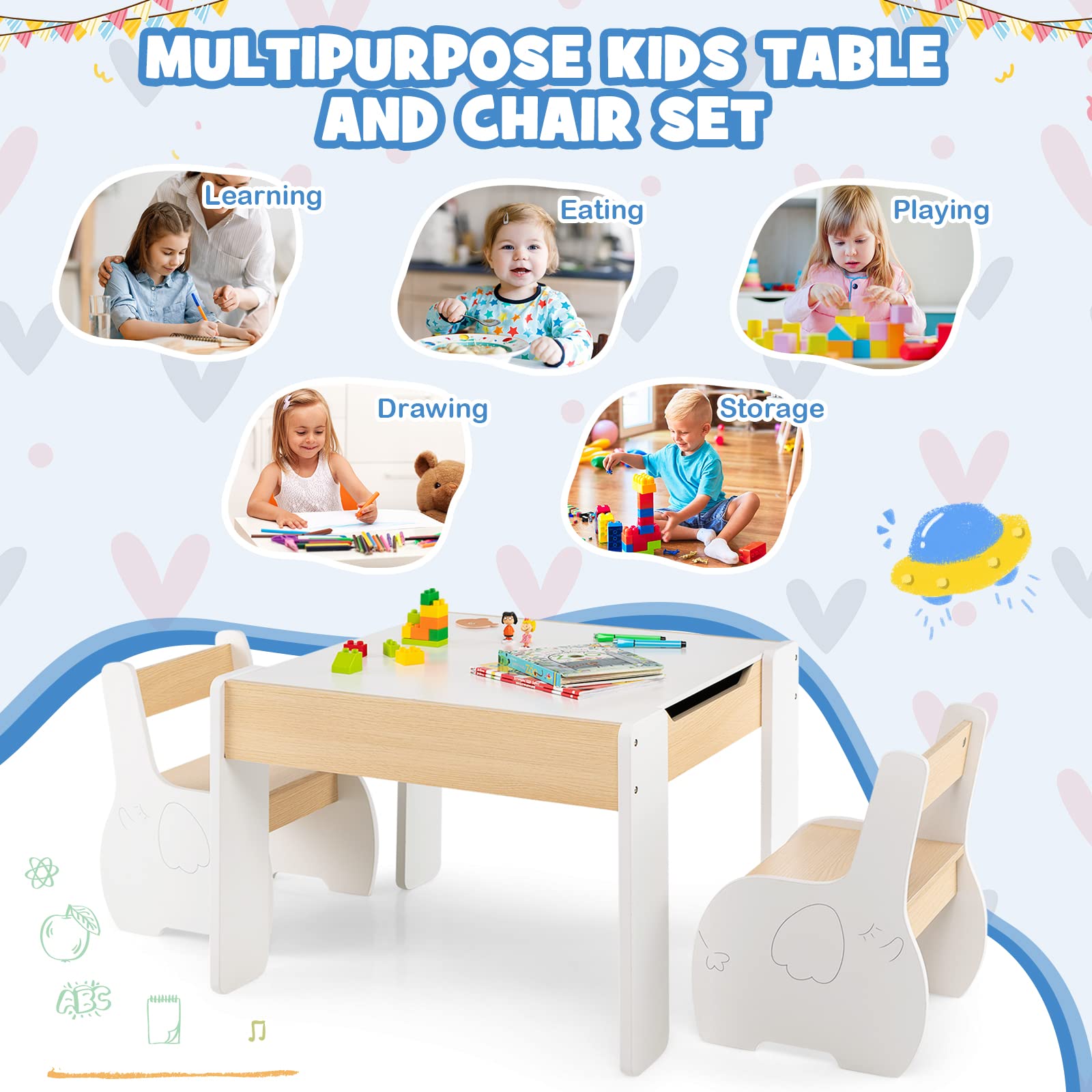 Costzon Kids Table and Chair Set, 4 in 1 Wooden Activity Table & 2 Chairs