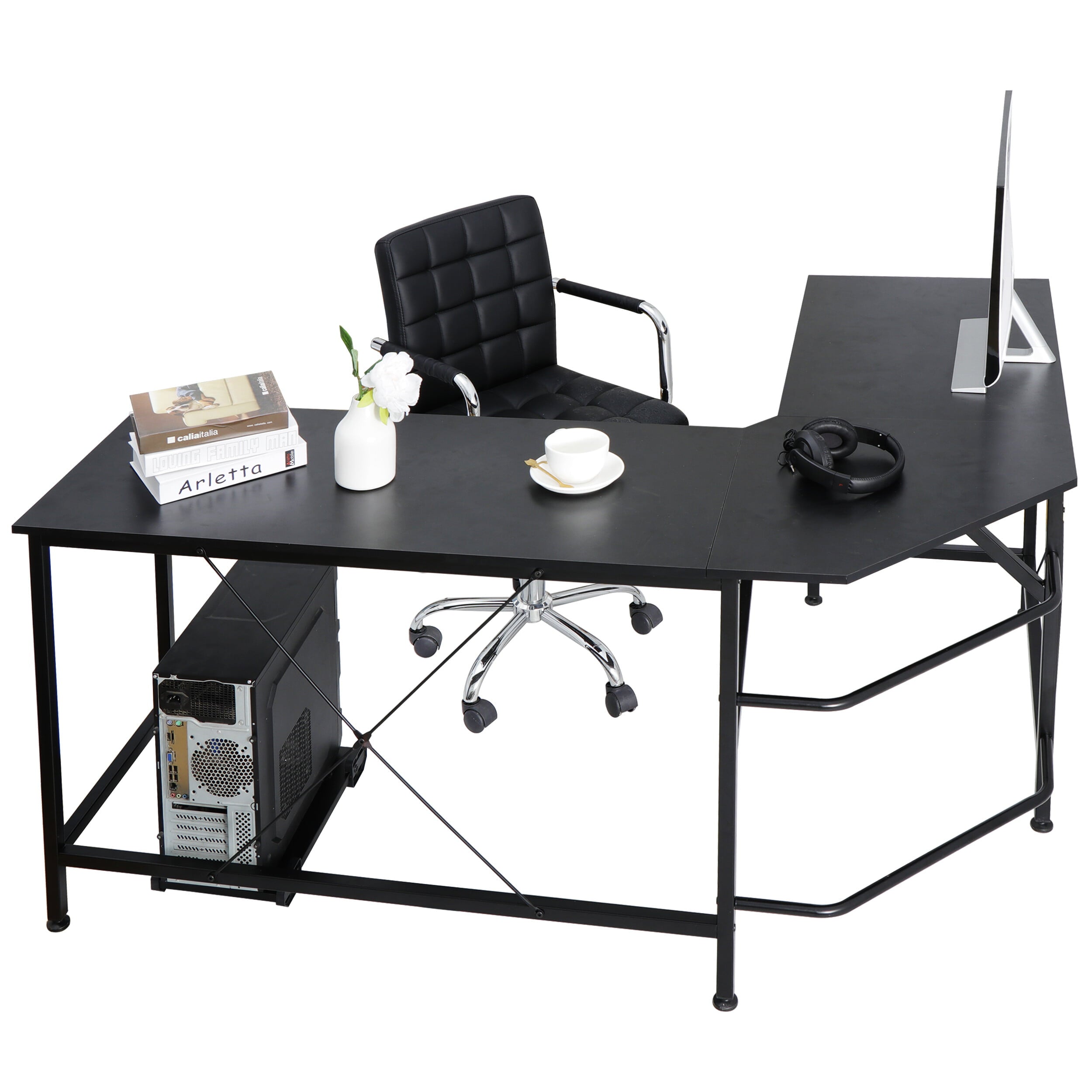 HomGarden L-Shaped 66” Reversible Computer Desk W/ CPU Stand, Home Gaming Desk Black