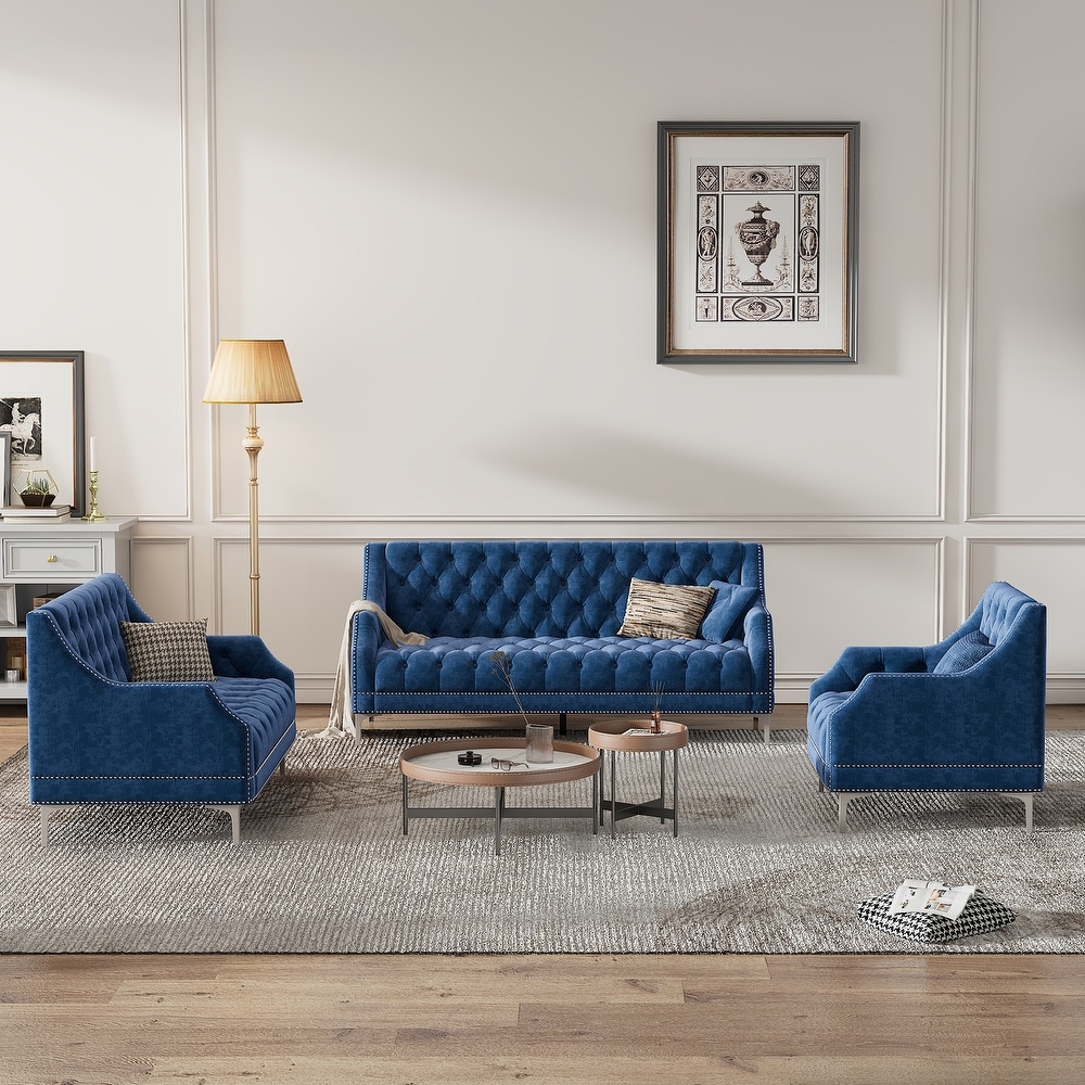 3 Piece Buttoned Tufted Backrest Sofa Set with Metal Legs and Frosted Velvet Upholstered for Living room