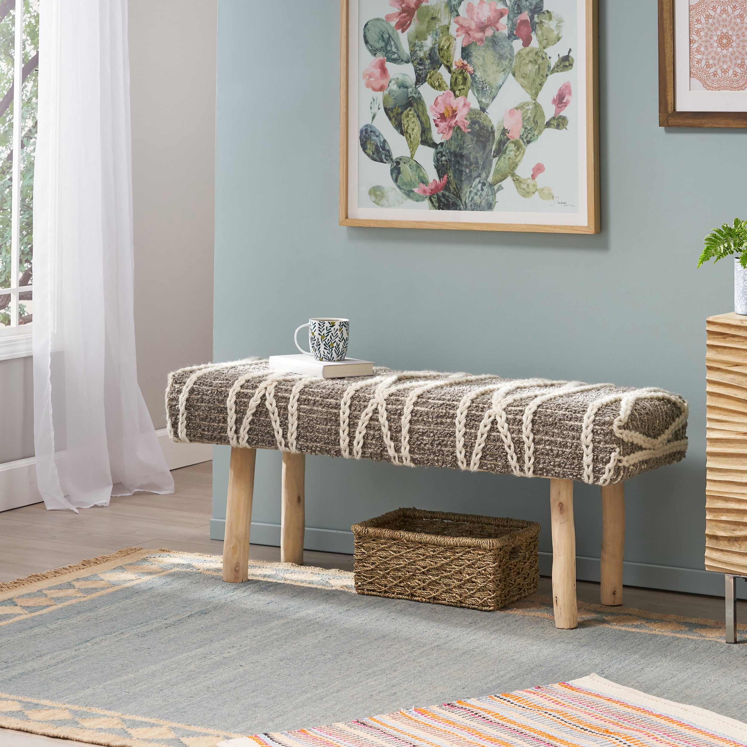 Carrera Handcrafted Boho Rectangular Wool & Fabric Bench