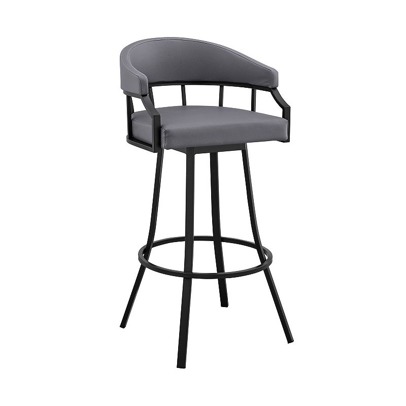 Mayla 26 Inch Swivel Counter Stool， Black Flared Legs， Gray Faux Leather