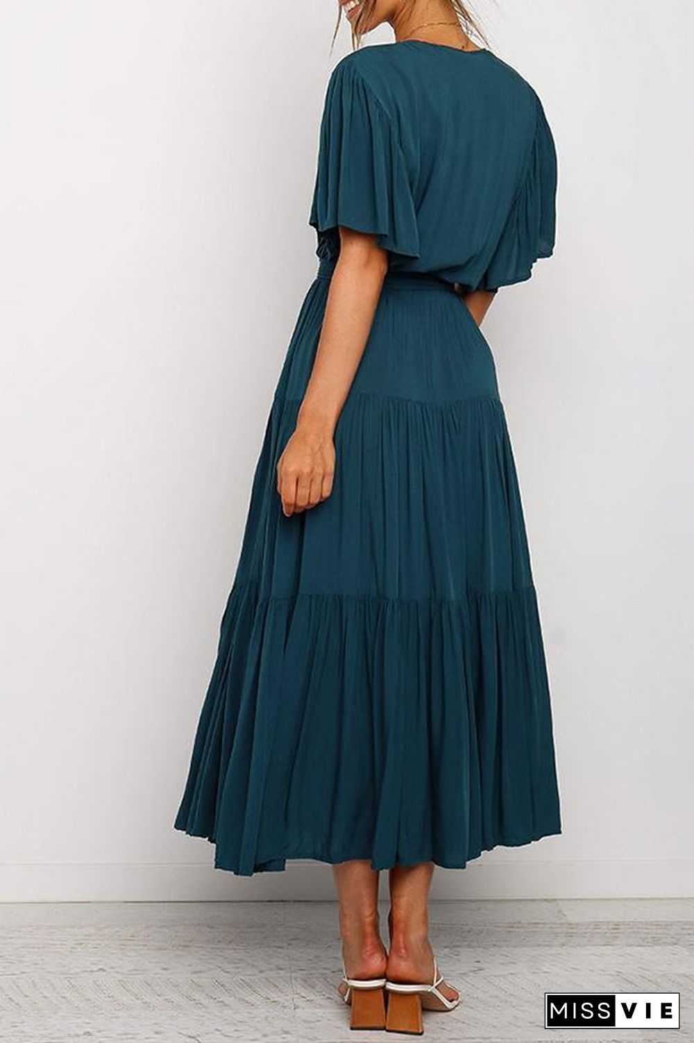 Ruffled Sleeve V-neck Tie Waist Maxi Dress P14492