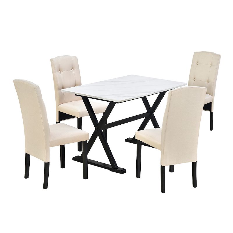 Solid Wood 5-Piece Dining Table Set with Faux Marble Tabletop and Upholstered Dining Chairs for 4