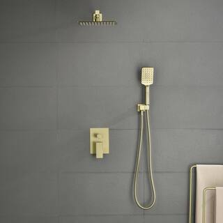 Tomfaucet 2-Spray Patterns 4.5 GPM 10 in. Wall Mount Dual Shower Heads Shower System with 3-Setting Hand Shower in Brushed Gold TFK0075BG