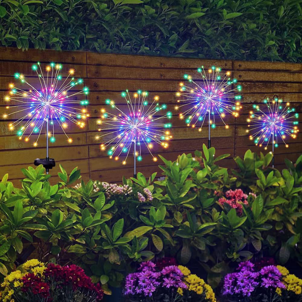 4 Pack Solar Firework Lights，  Landscape Path Lights Outdoor 120 Led Inserted Walkway Ground Garden Induction Lamp， Colorful