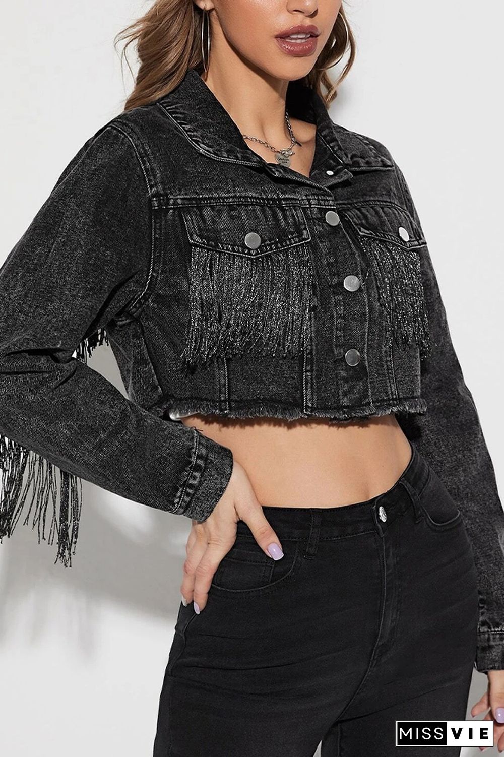 Distressed Short Denim Tassle Jacket Coat