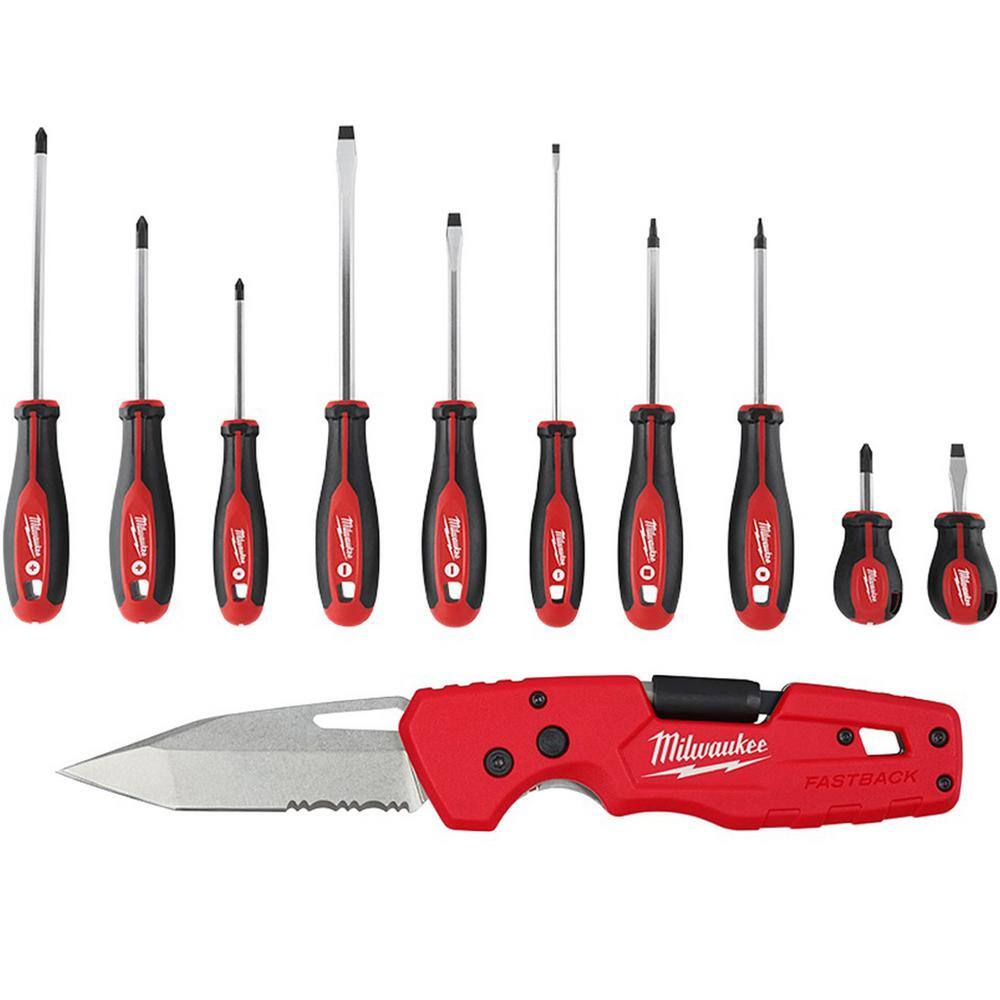 MW Screwdriver Set with FASTBACK 5-in-1 Folding Knife with 3 in. Blade (11-Piece) 48-22-2710-48-22-1540