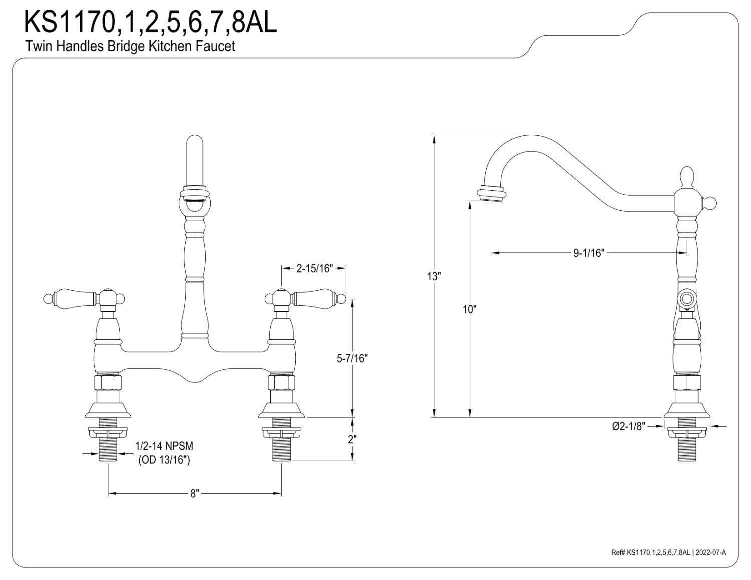 Kingston Brass KS1171AL Heritage Bridge Kitchen Faucet， Polished Chrome