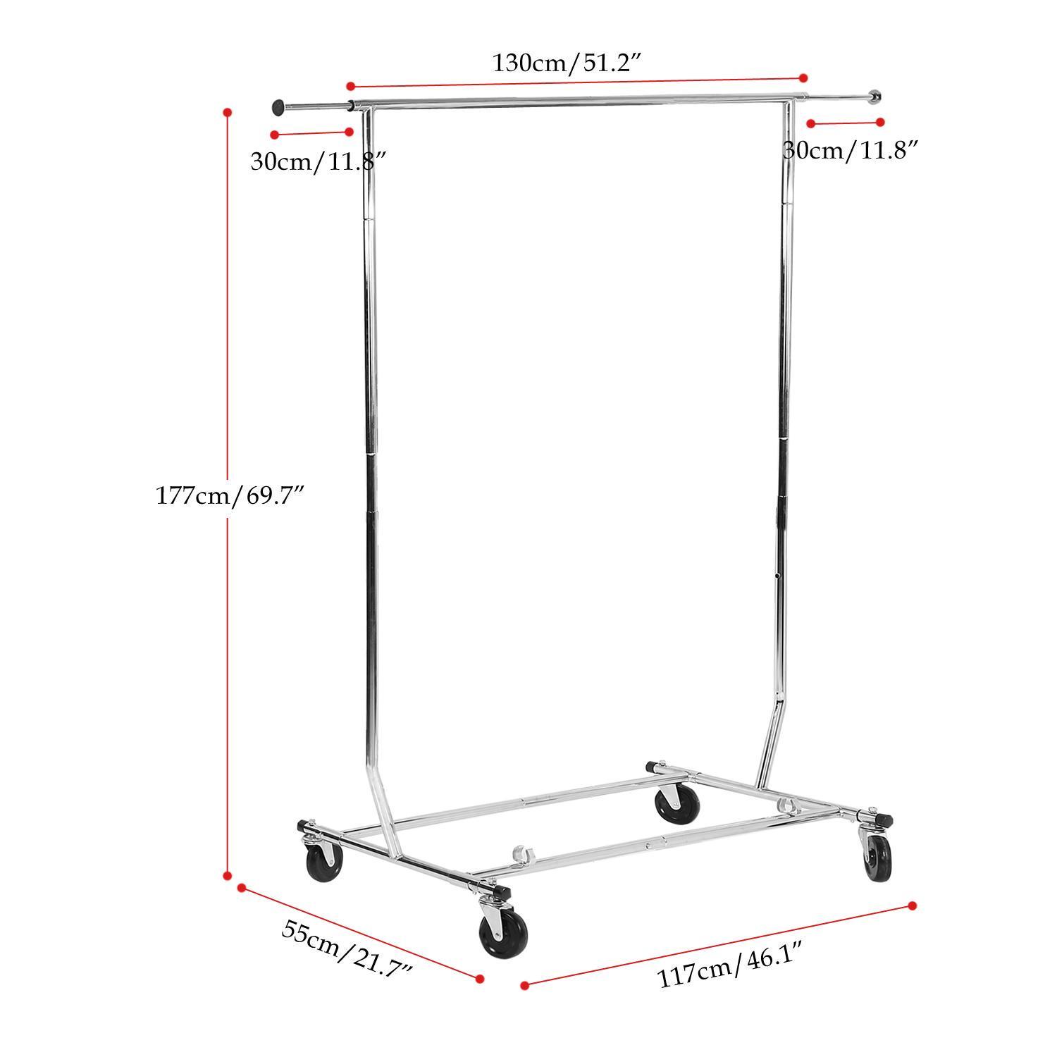 Whitmor Adjustable Rolling Garment Rack  Collapsible  Chrome  22 x 51 x 71.25