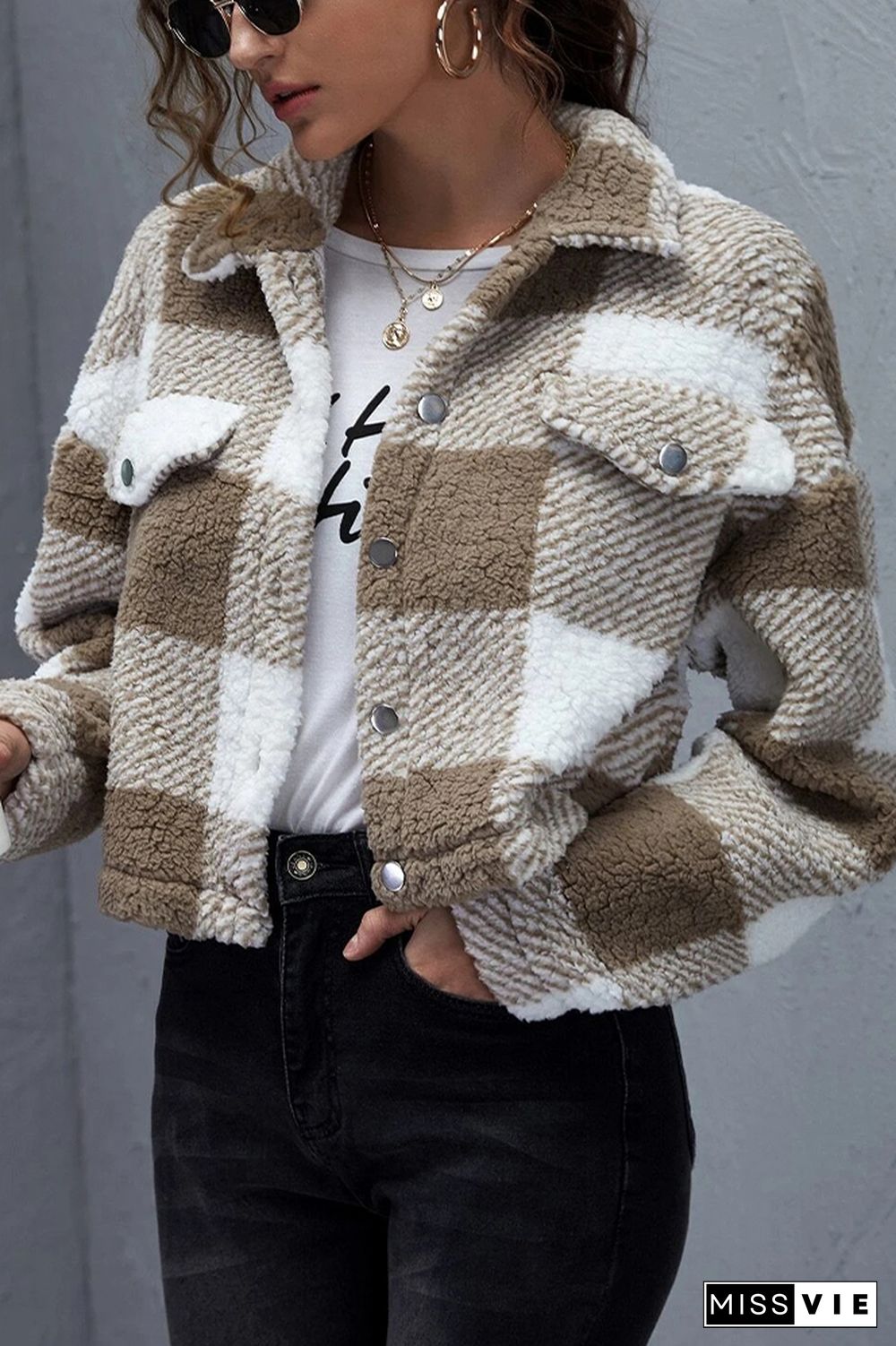 Plaid Print Plush Short Jacket Coat Wholesale