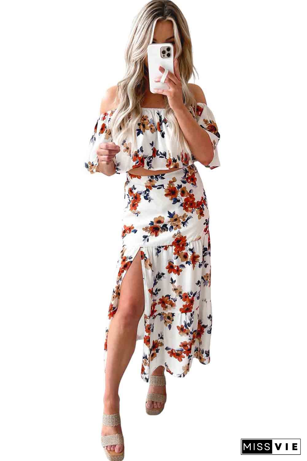 White Floral Print Off-shoulder Crop Top and Maxi Skirt Set