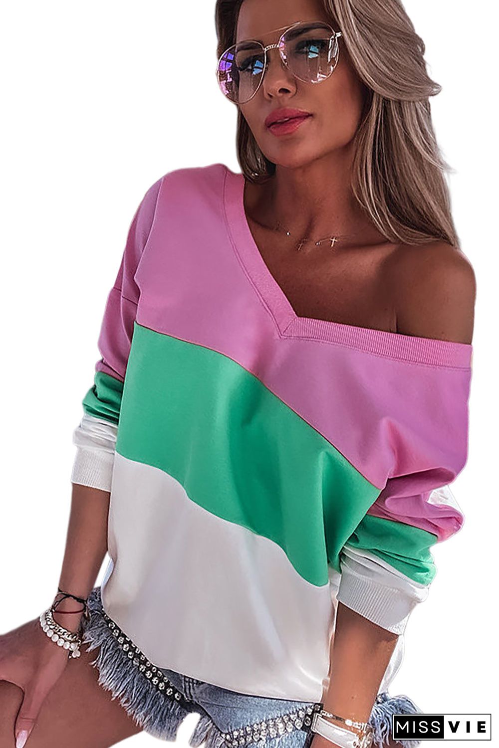 Pink Ribbed V Neck Color Block Patchwork Sweatshirt