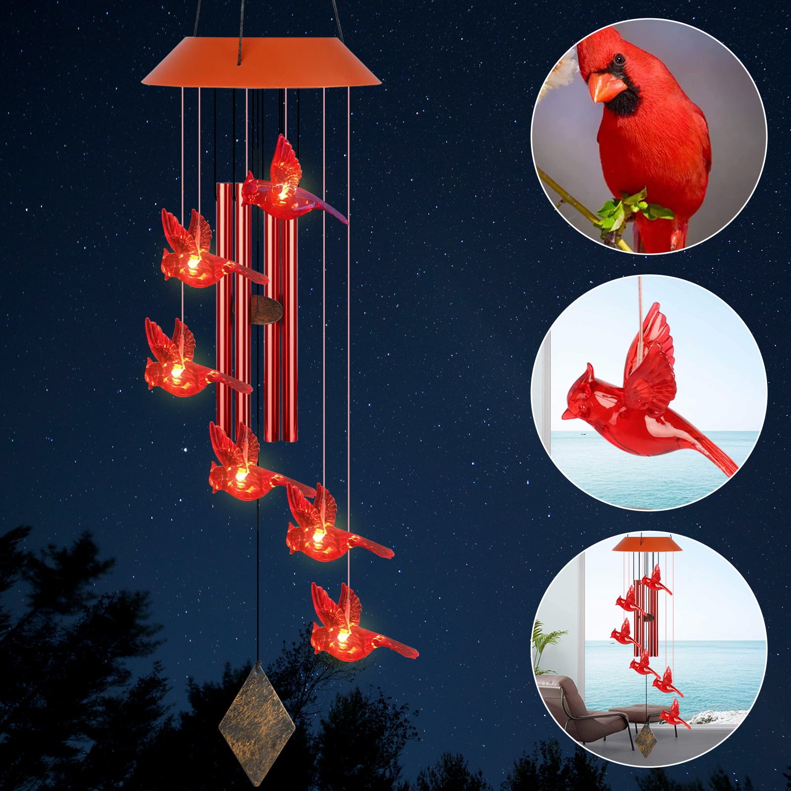 Cardinal Bird Solar Wind Chimes， TSV LED Red Tubes Wind Belles with S Hook for Outside， IP65 Water and Moisture-Proof for Patio Garden Home， Memorial Gift Decor