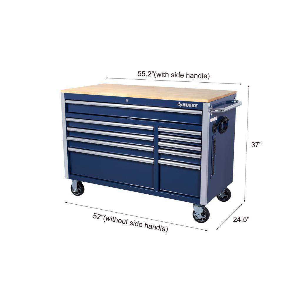 Husky 52 in. W x 24.5 in. D Standard Duty 10-Drawer Mobile Workbench Tool Chest with Solid Wood Work Top in Gloss Blue H52MWC10BLU