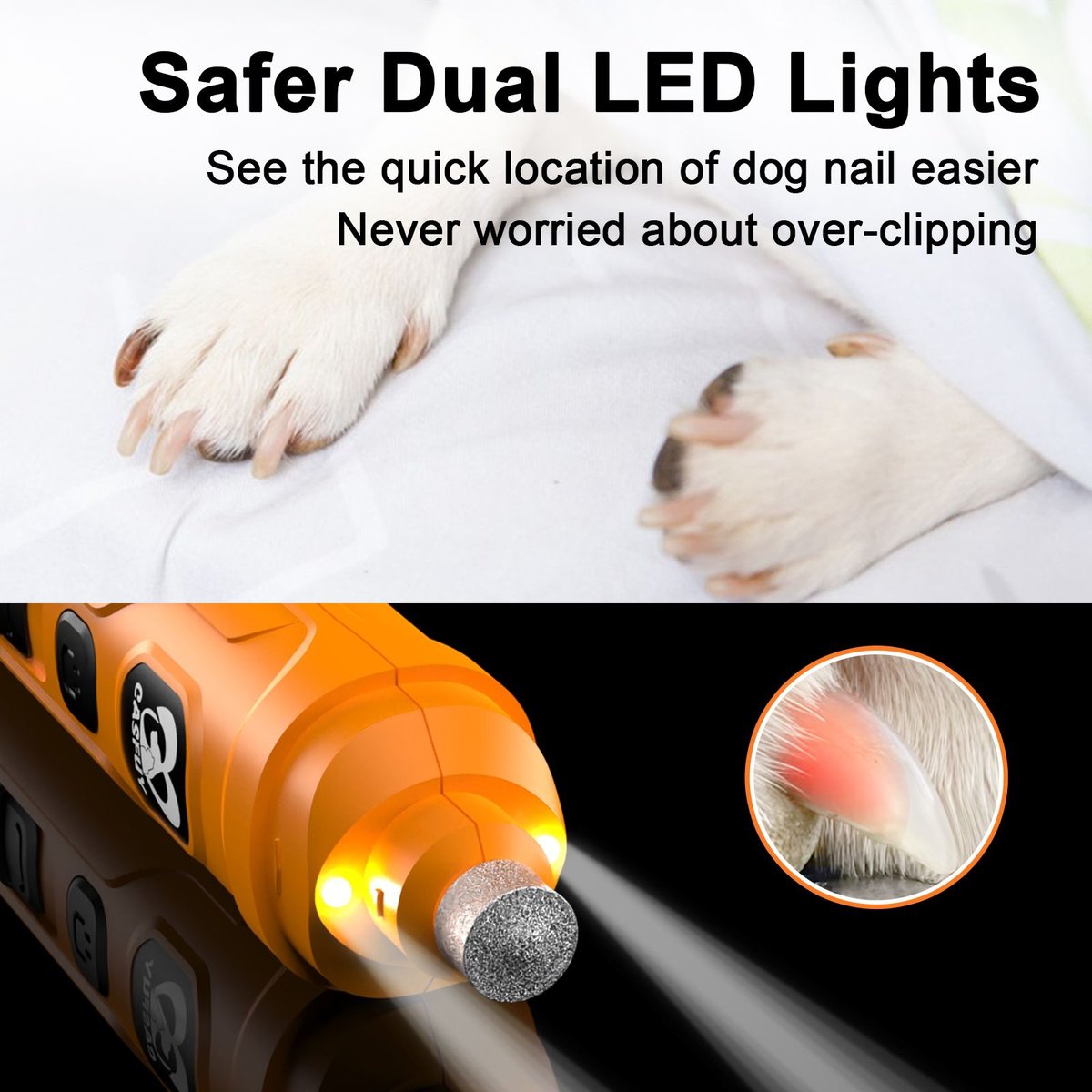 Casfuy 2 LED Light Cat and Dog Nail Grinder， Orange