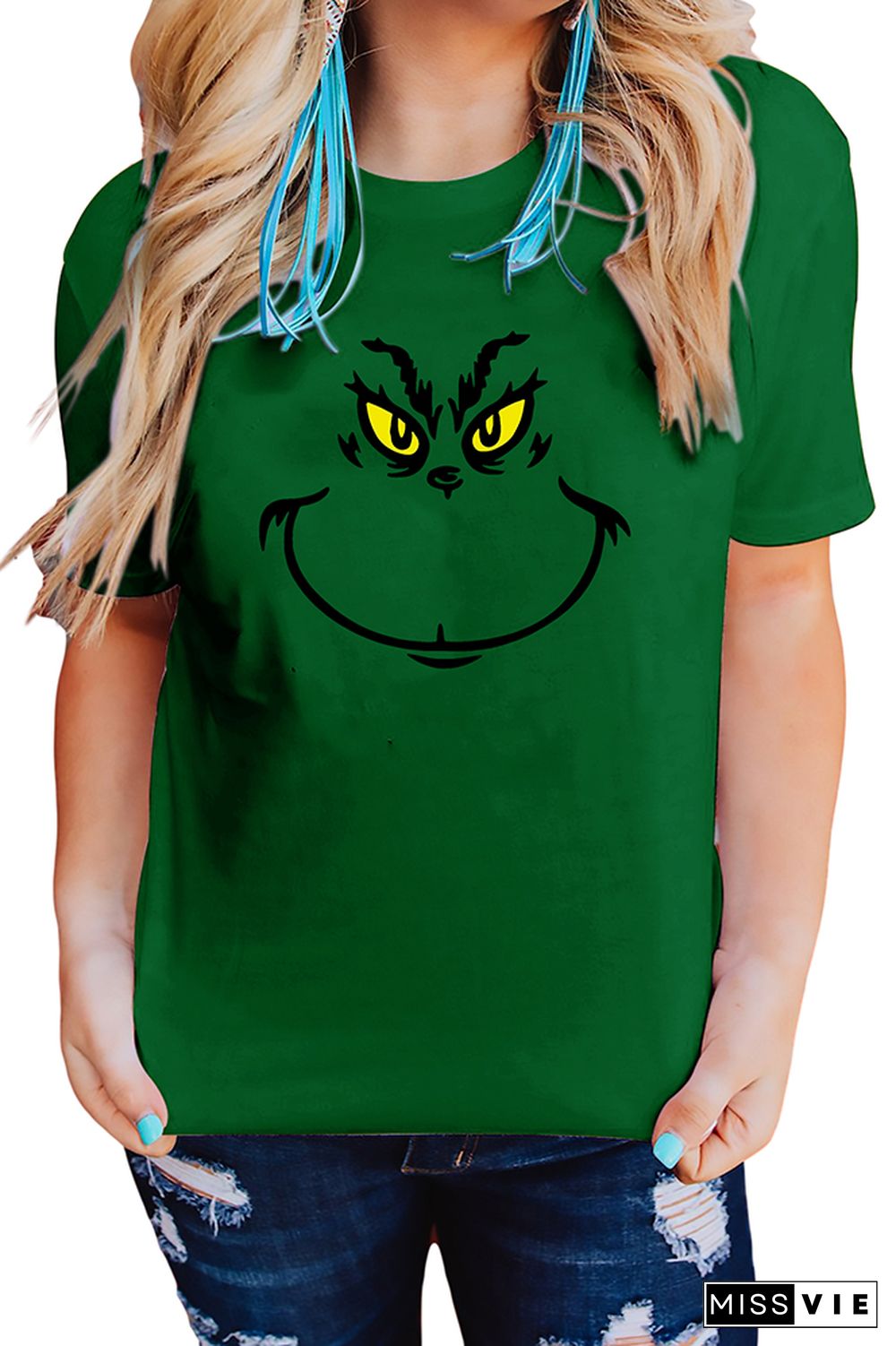 Christmas Grinch Face Pullover Shortsleeves Graphic Tee Wholesale