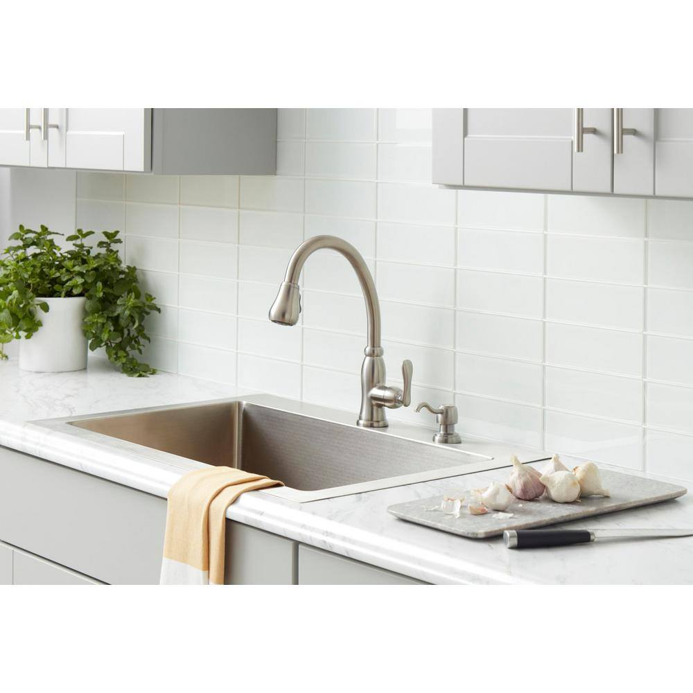 Glacier Bay Pavilion Single-Handle Pull-Down Sprayer Kitchen Faucet with Soap Dispenser in Stainless Steel HD67780-0008D2