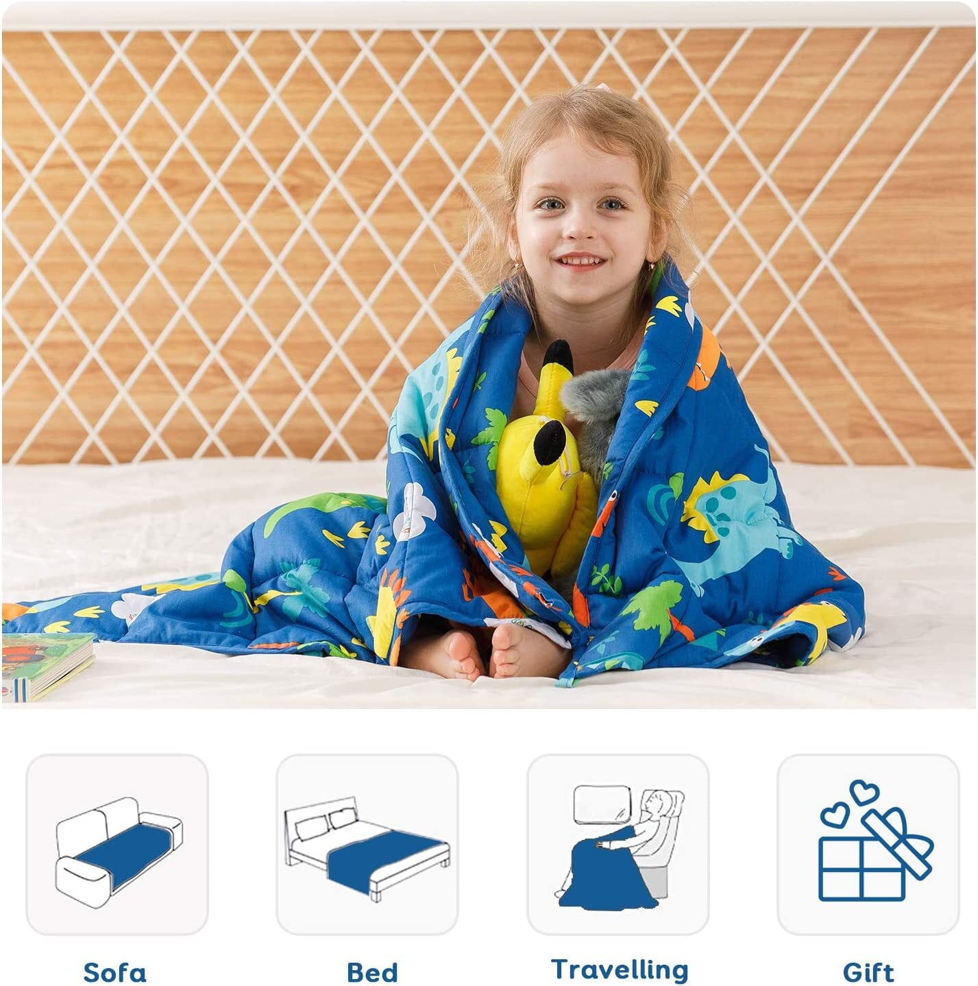 Sivio Kids Weighted Blanket， 3lbs 100% Natural Cotton Heavy Blanket for Kids and Toddler， 36 x 48 inches， Blue Dinosaur