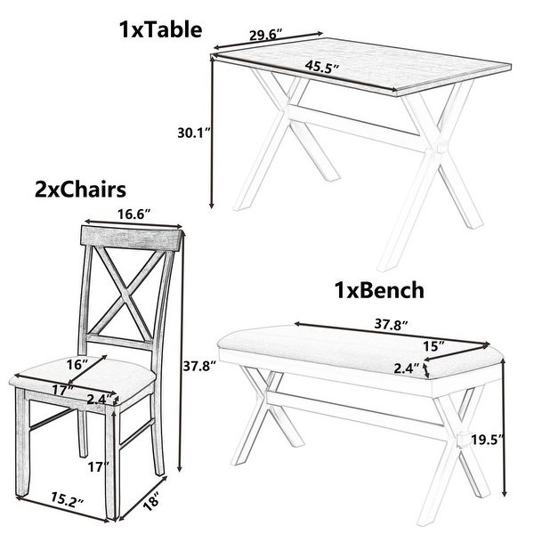 4-piece kitchen table with 2 upholstered x-backed chairs and bench (grey green + white + beige)