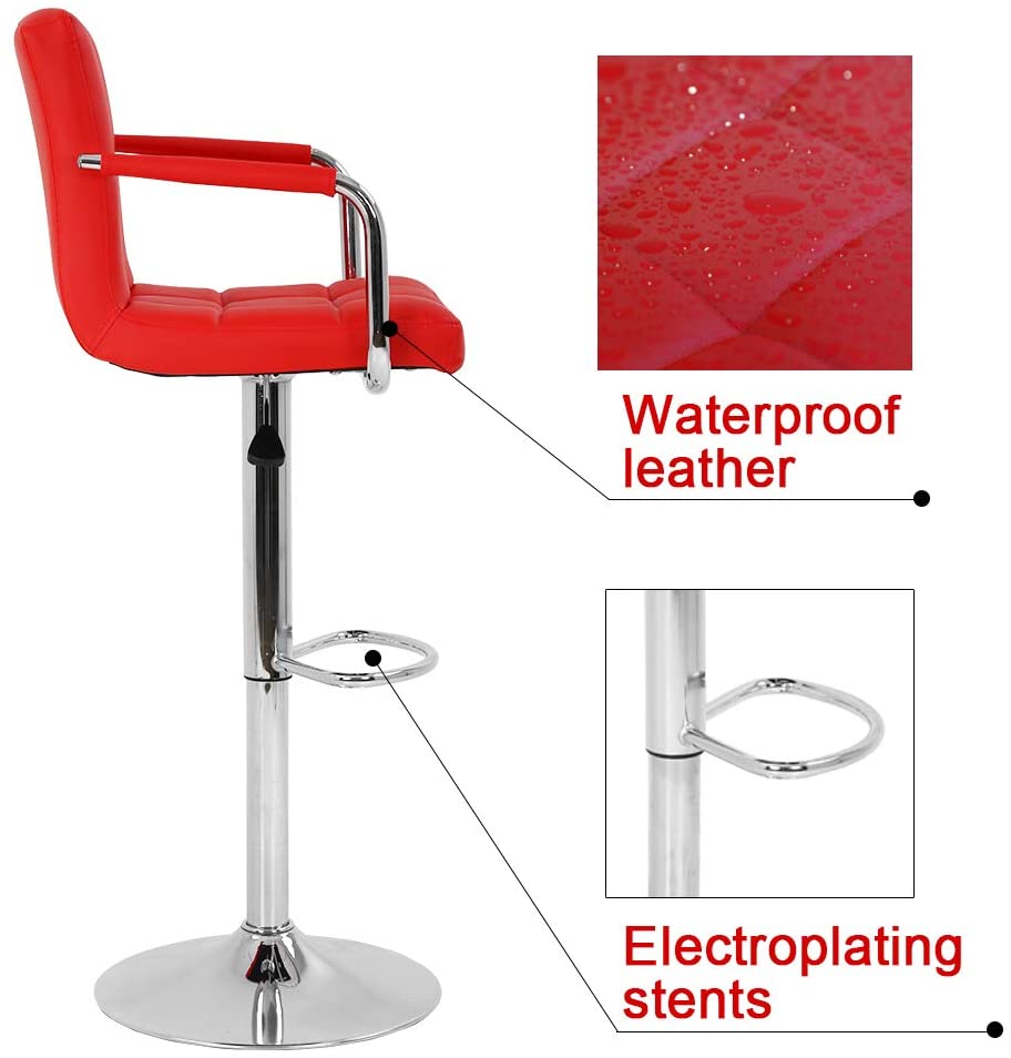 BestOffice Bar Stool with Adjustable Height and 360-Degree Swivel， Red， Set of 2， Low back， Metal