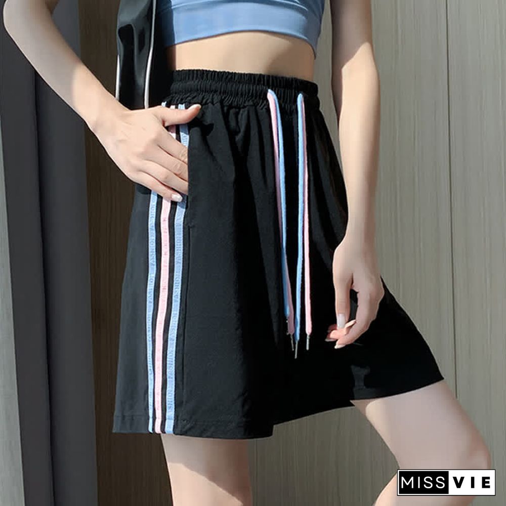 Stripe Print Drawstring Casual Shorts