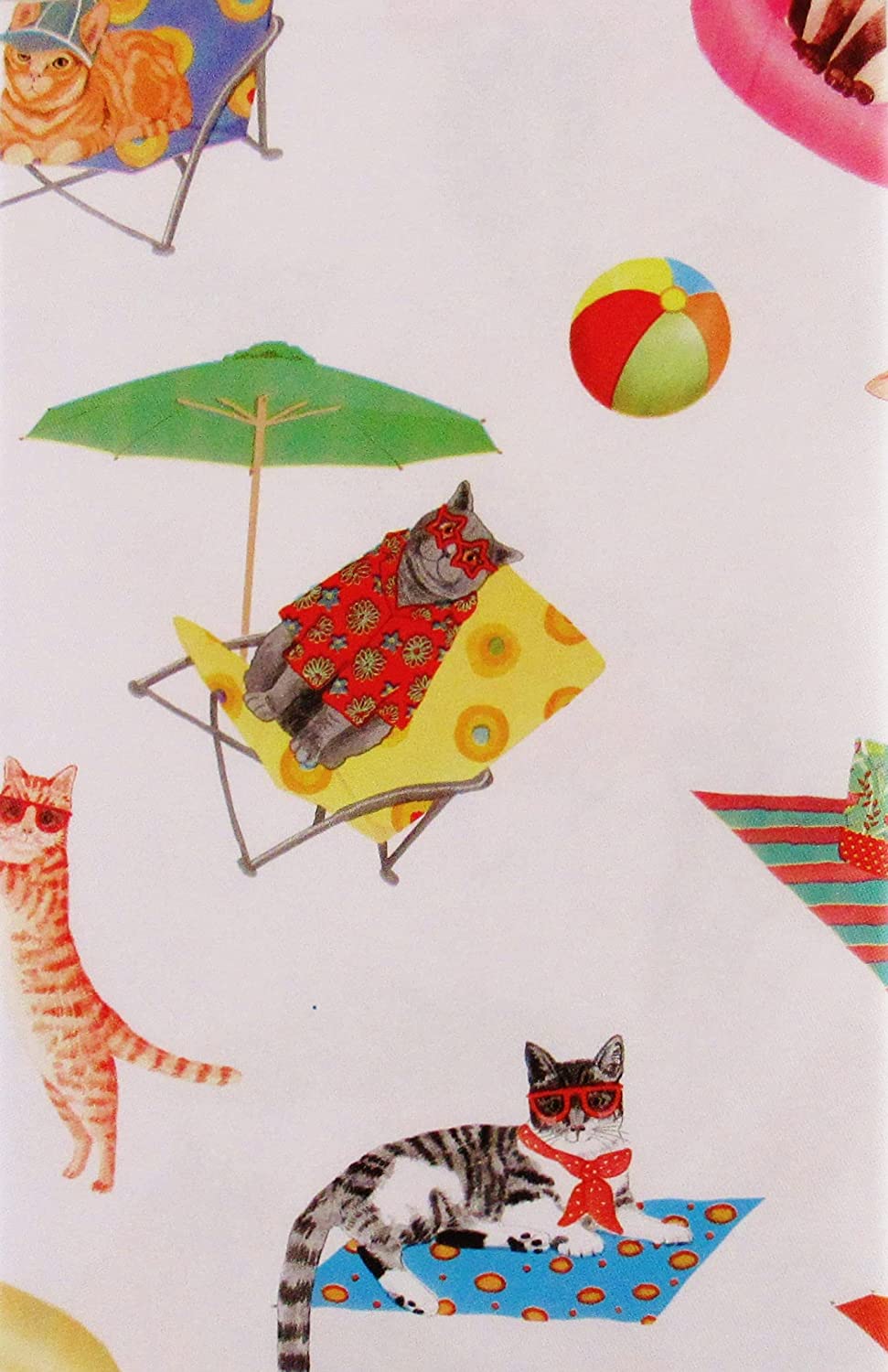 Summer Fun Beach Cats Vinyl Flannel Back Tablecloth: Silly Cats Decked Out Having Fun at the Beach with Umbrellas Beach Balls and Relaxation 60" inch Diameter Round