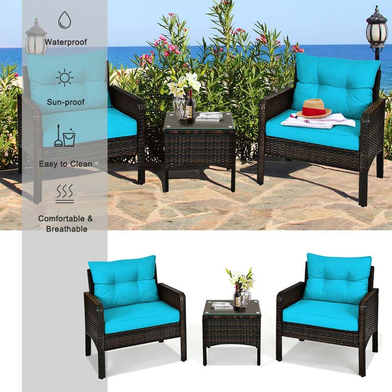 3 Pcs Rattan Wicker Outdoor Bistro Set with Coffee Table & Chairs, All-Weather Patio Conversation Sets