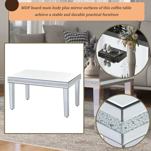 Mirrored Coffee table Silver living room table with crystal detailing and adjustable legs