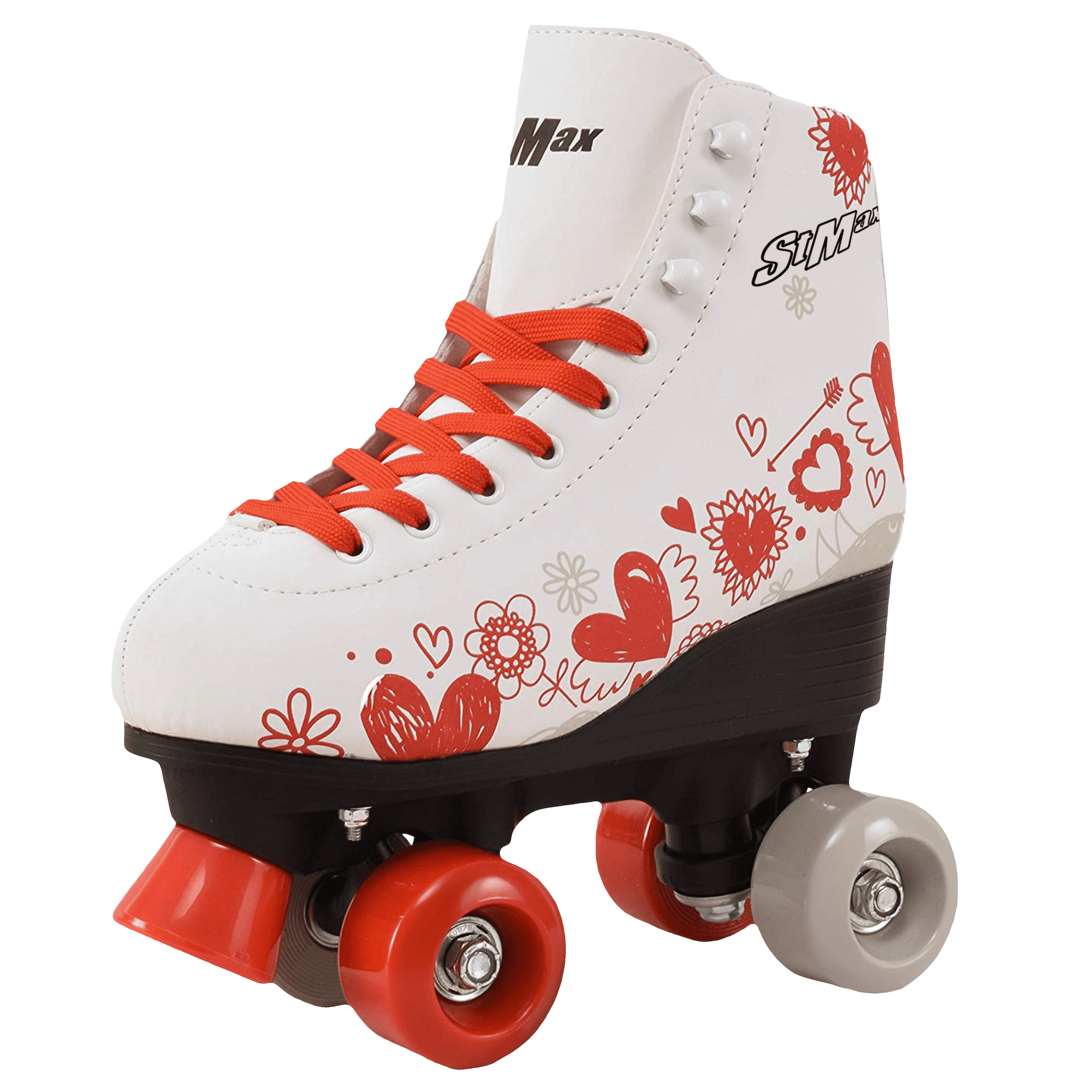 Quad Roller Skates for Girls and Women size 7.5 Adult White and Red Heart Outdoor Indoor and Rink Skating Classic Hightop Fashionable Design