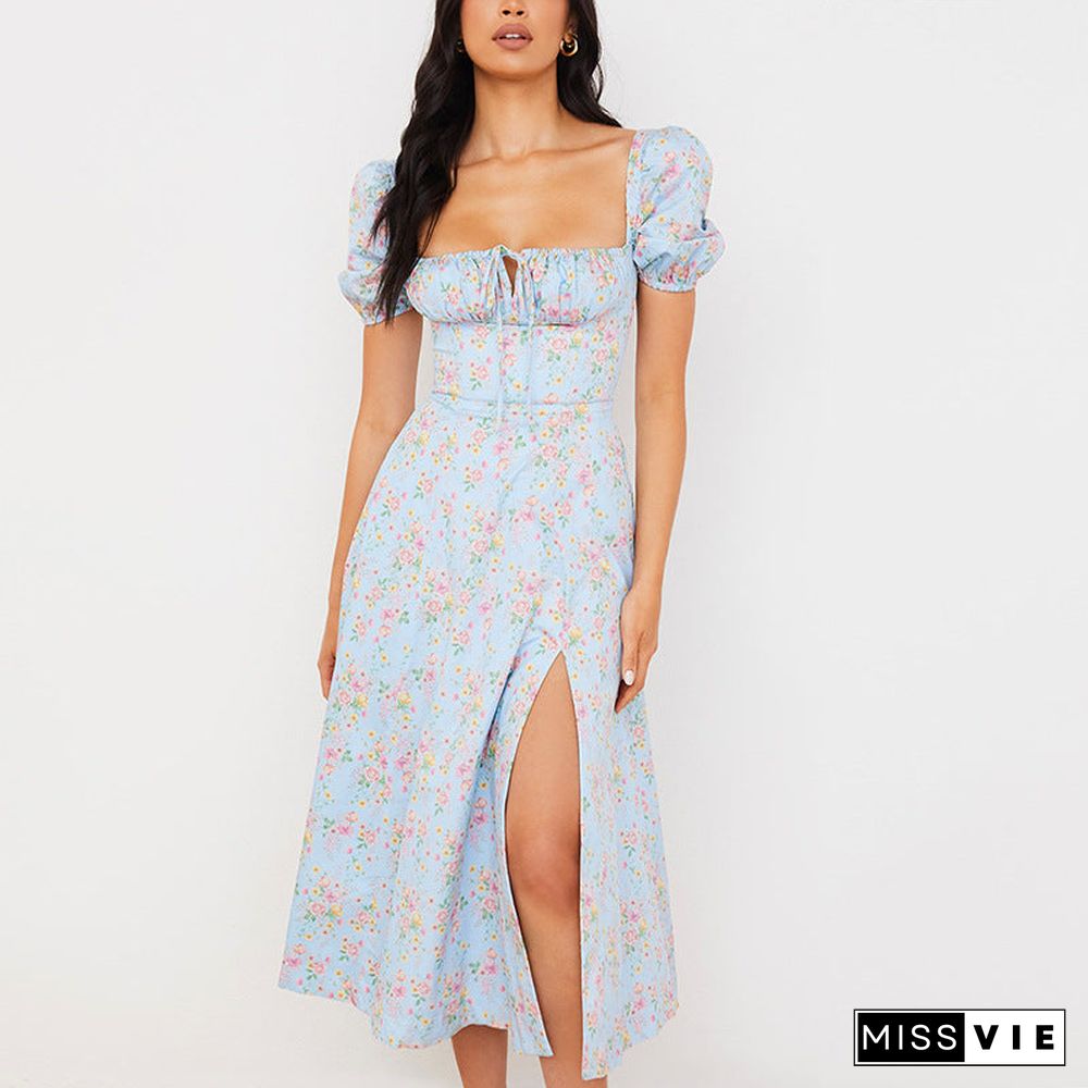 Boho Flower Garden Floral PUFF SLEEVE Square Neck Side Thigh Split Midi Dress