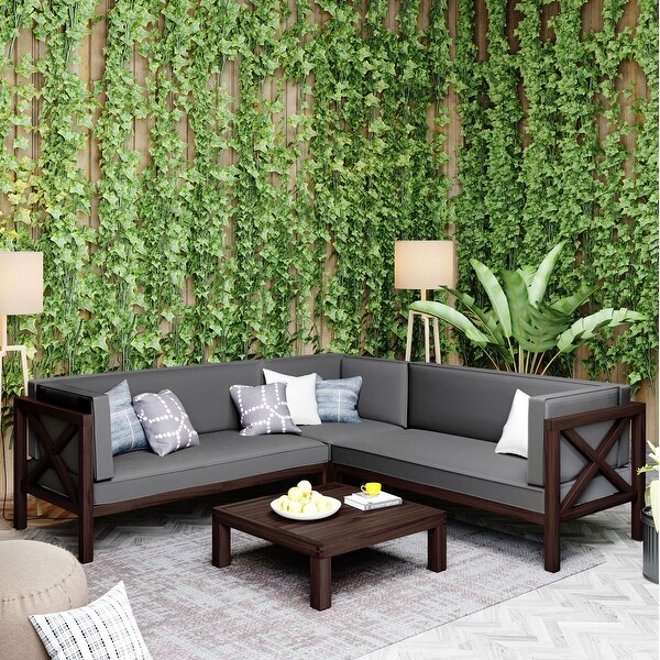 4-Piece Sectional Sofa Seating Group， Outdoor Patio Backyard Wood Frame Corner Sofa Design with Cushions and Table， X-Back Sofa - Overstock - 37254192