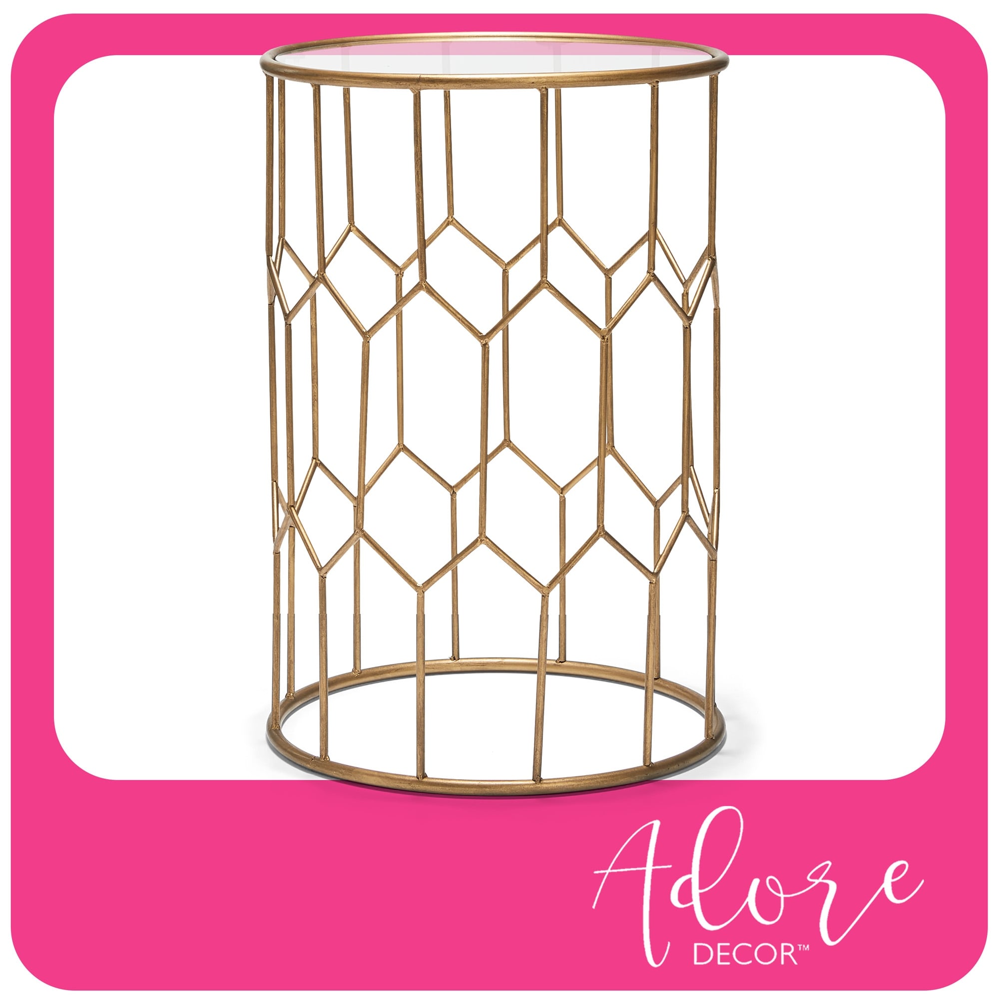 Adore Decor Harper Modern Glass and Metal Side Table， Gold Geometric Decorative Drum