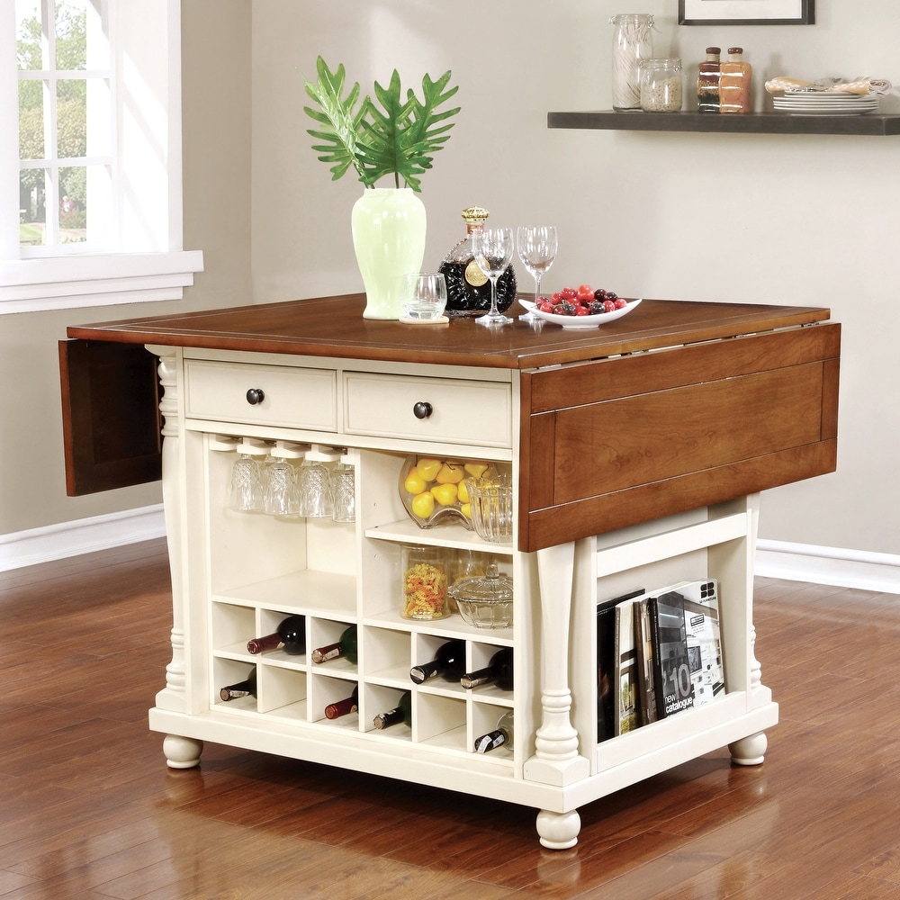 Two Tone Storage Kitchen Counter Island with Drop Down Extension Leaves