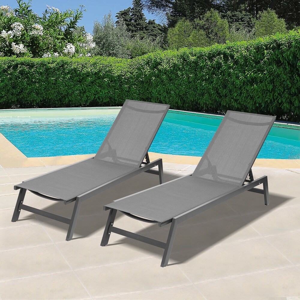 Outdoor 2 Pcs Set Chaise Lounge Chairs Five Position Adjustable Aluminum Recliner  Weather For Patio Beach Yard  Pool