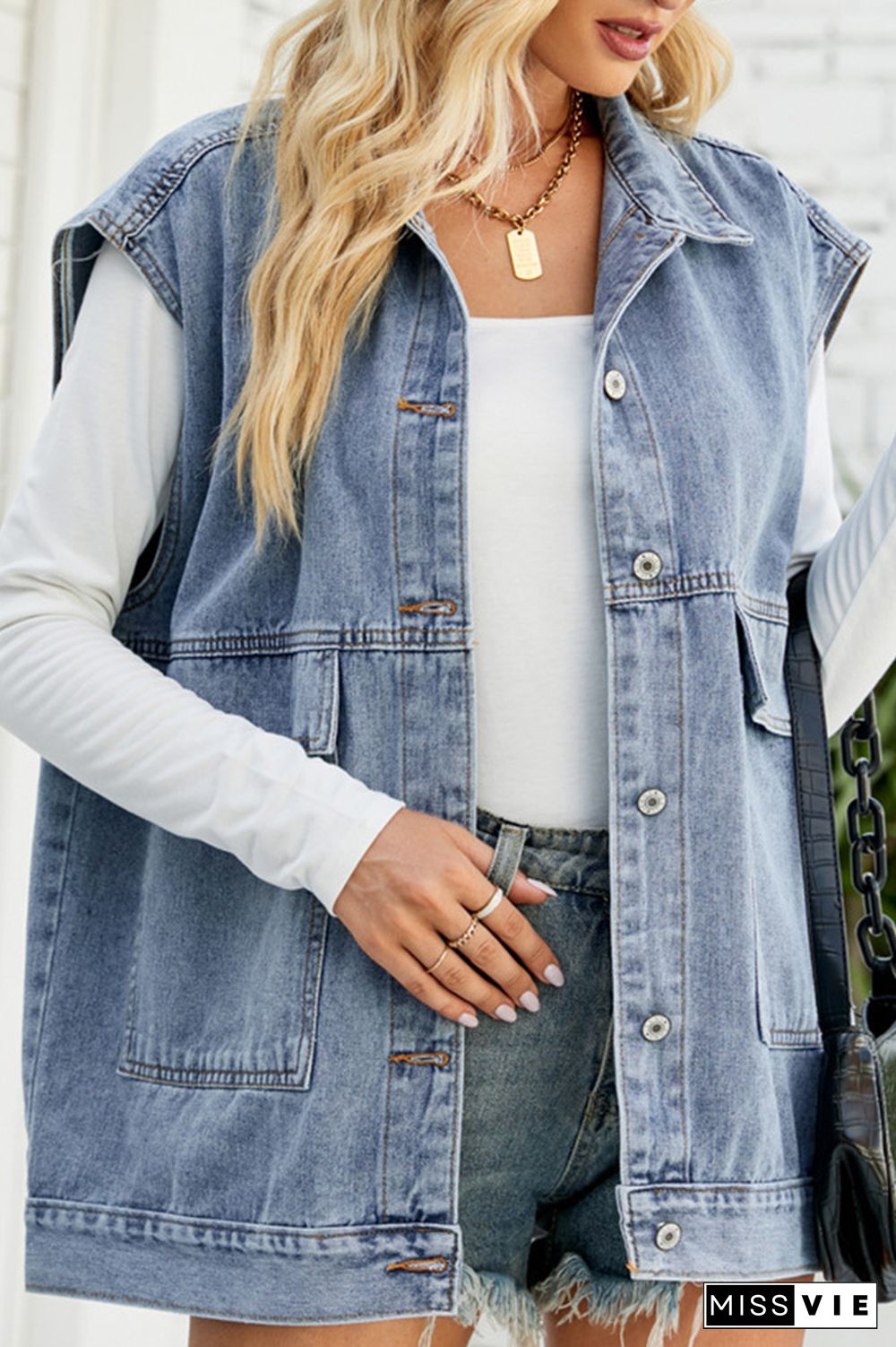 Open Front Pockets Sleeveless Denim Jacket