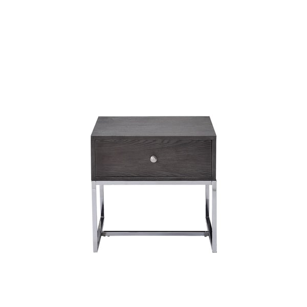 Wooden End Table with Tubular Metal Base and Spacious Drawer， Gray and Silver