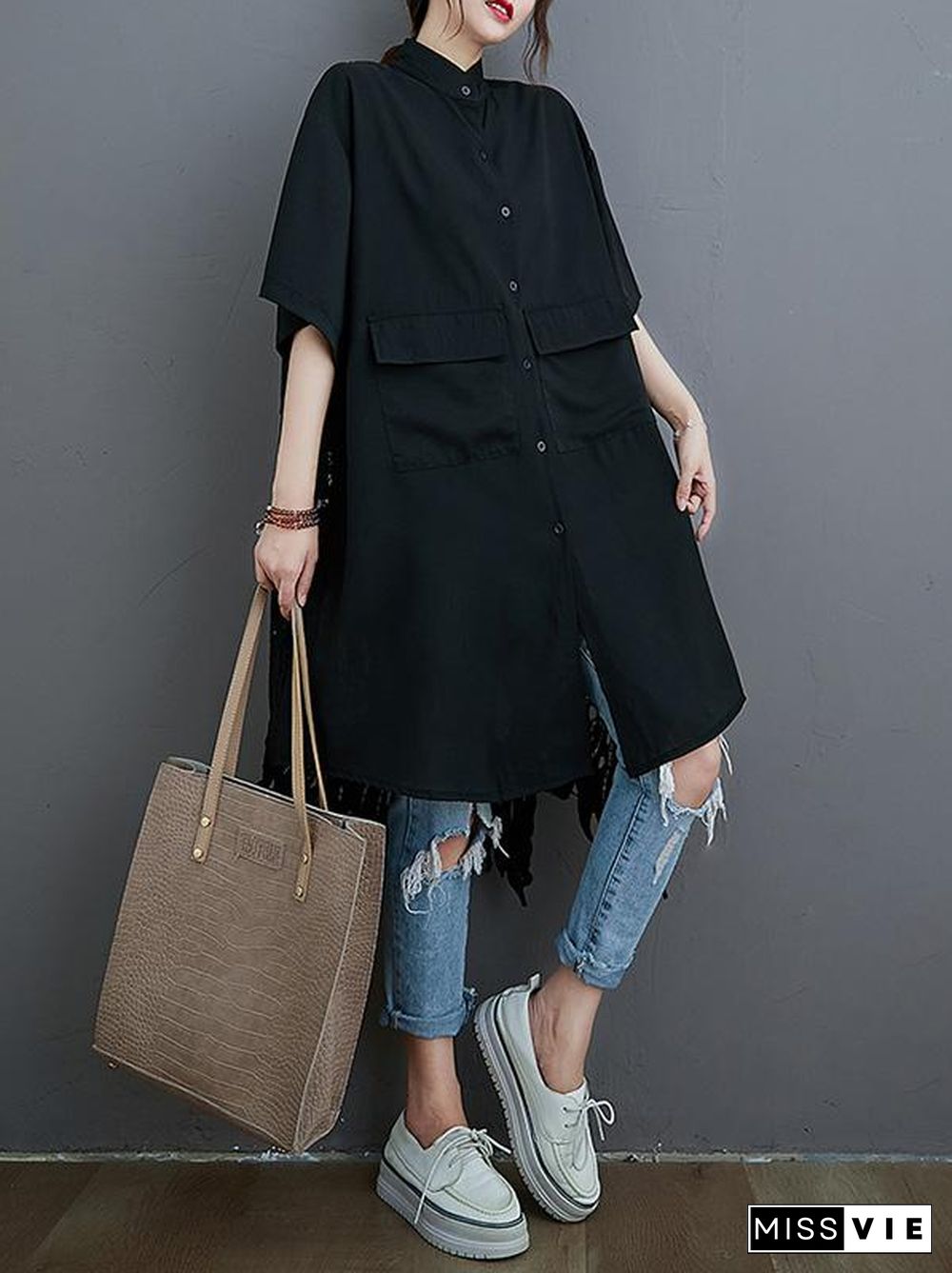 Loose Split-Joint Hollow Solid Long Blouse