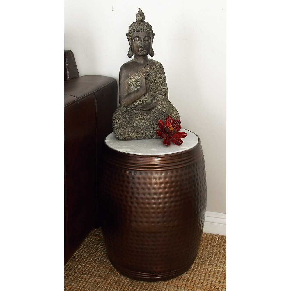 Brown Metal Accent Table with Marble Top   16 x 16 x 19Round