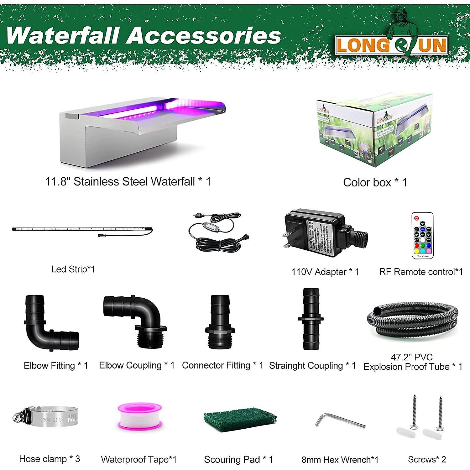 Waterfall Spillway Stainless Steel Pond Waterfalls With Color Changing Led Light， Outdoor Pool Fountain Water Spillway Waterfall Kit For Garden Patio