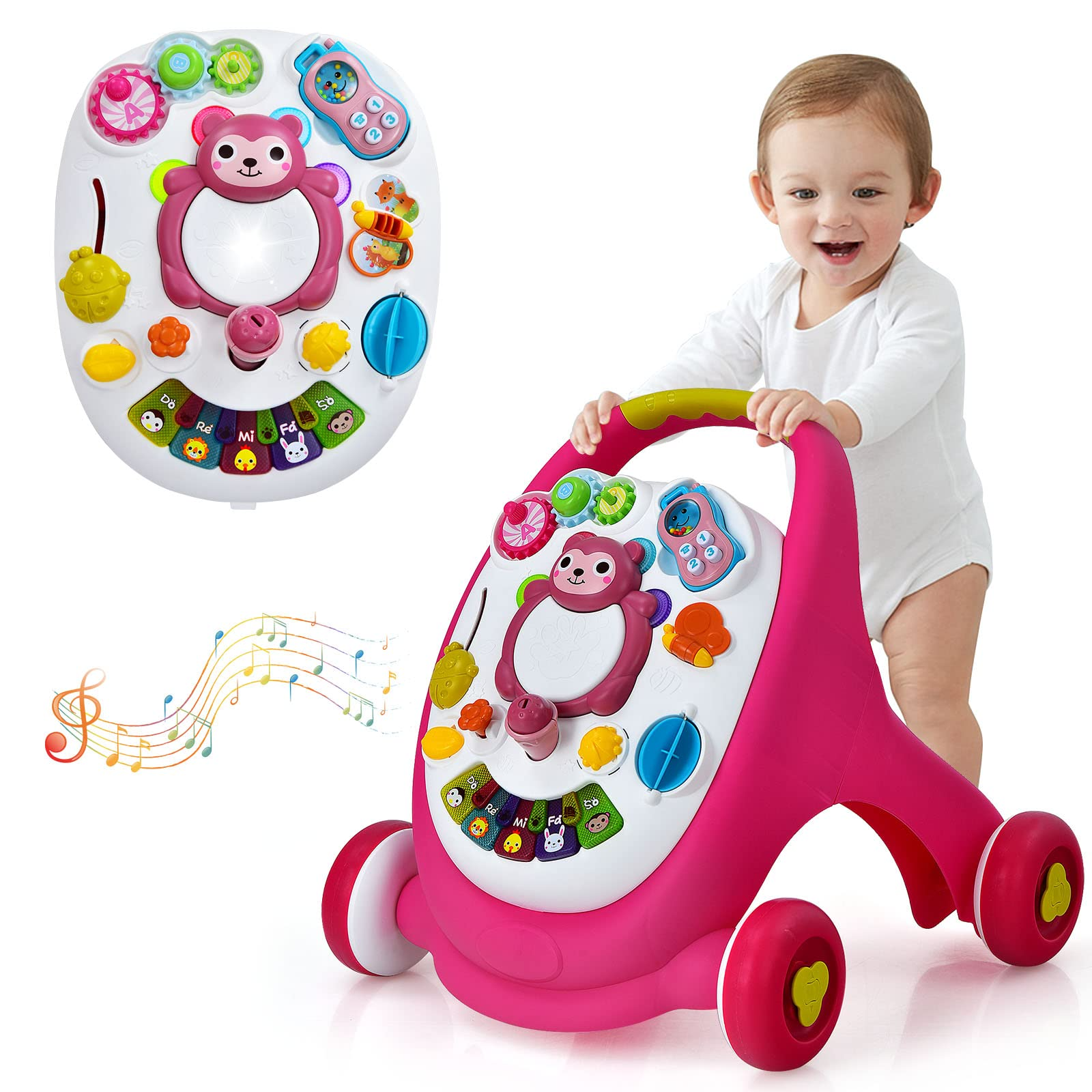 BABY JOY Sit-to-Stand Learning Walker, Early Education Activity Center with Lights & Sounds