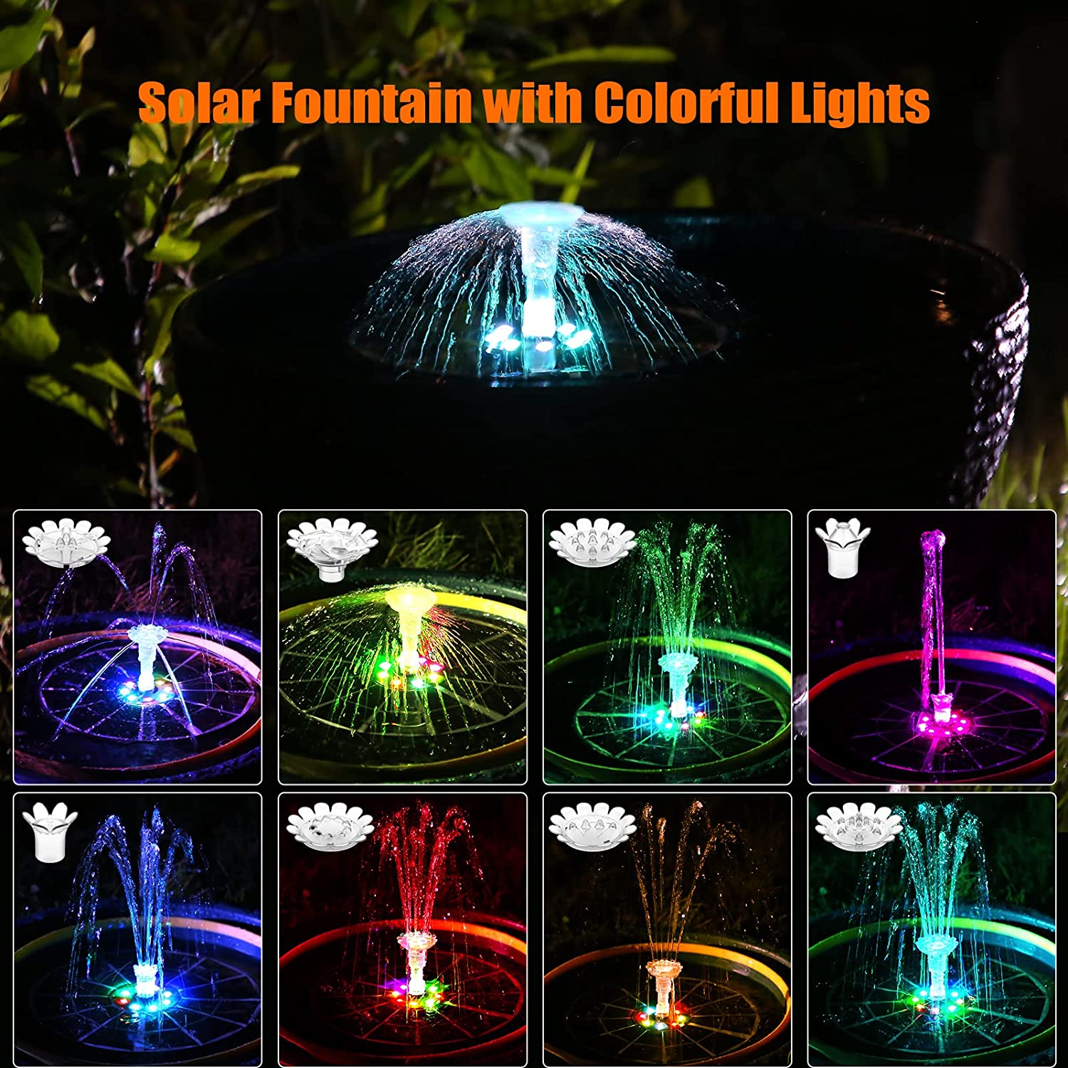 AISITIN 3.5W LED Solar Fountain Pump with Colorful Lights & 3000mAh Battery with 3 Telescopic Brackets, 8 Nozzles, Solar Water Pump for Bird Bath Pond Pool Garden Outdoor Pond