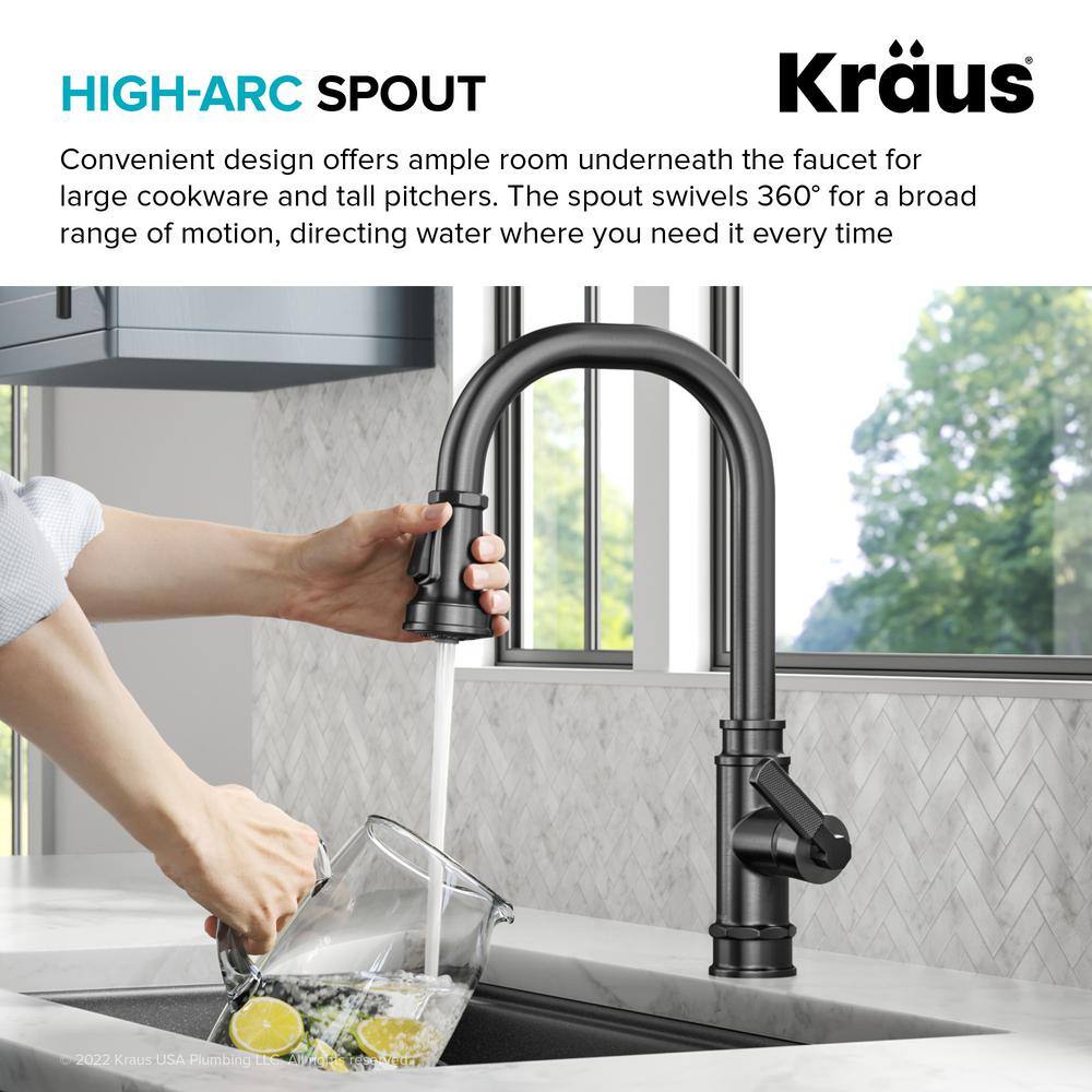 KRAUS Allyn Transitional Industrial Pull-Down Single Handle Kitchen Faucet in Spot-Free Black Stainless Steel KPF-4101SFSB