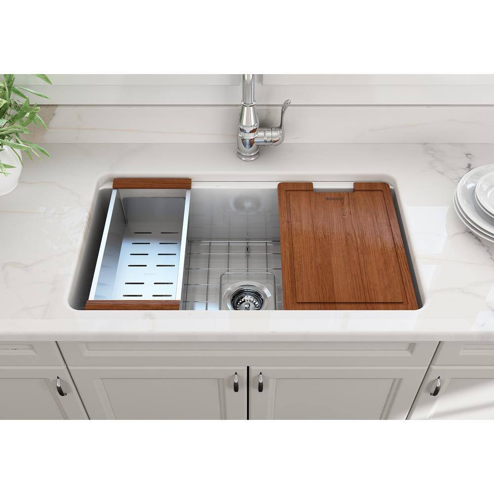 BOCCHI Sotto White Fireclay 32 in. Single Bowl Undermount Kitchen Sink wAccessories 1362-001-KIT1