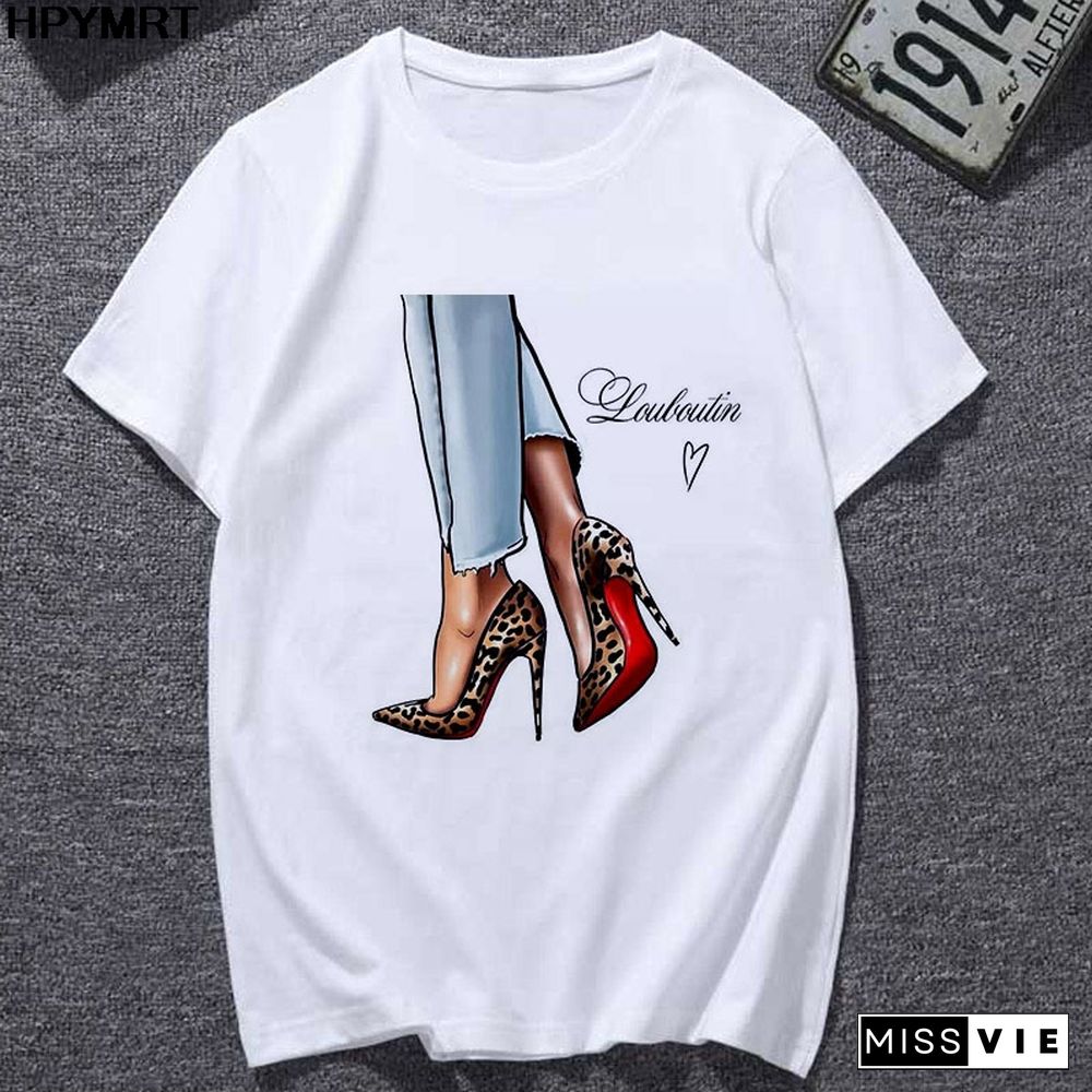 Summer Newest T-Shirts Women Watercolor High Heels Printed Femme T-shirt