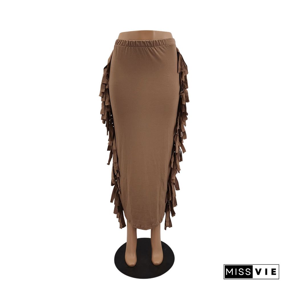 High Waist Stretchy Side Tassel Bodycon Straight Skirt